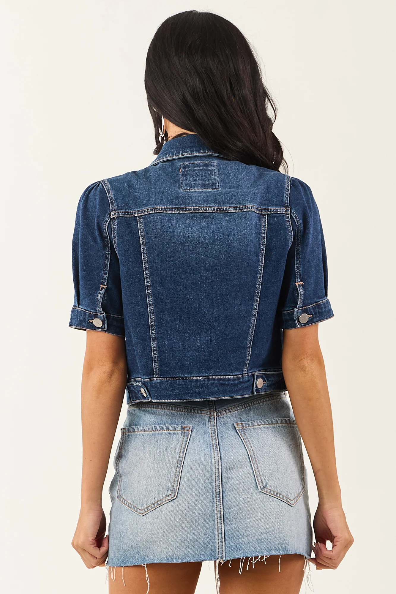 Denim Cropped Jacket with Puff Sleeves in Dark Wash