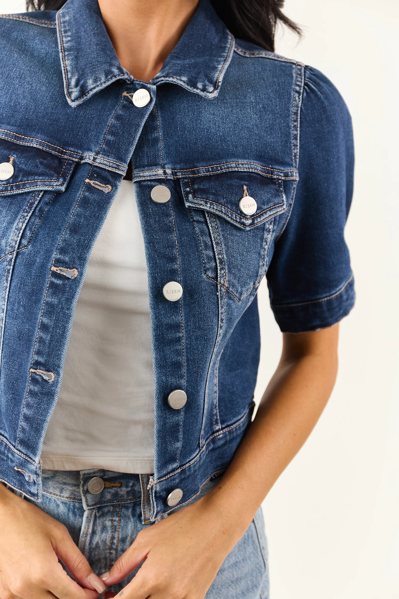 Denim Cropped Jacket with Puff Sleeves in Dark Wash