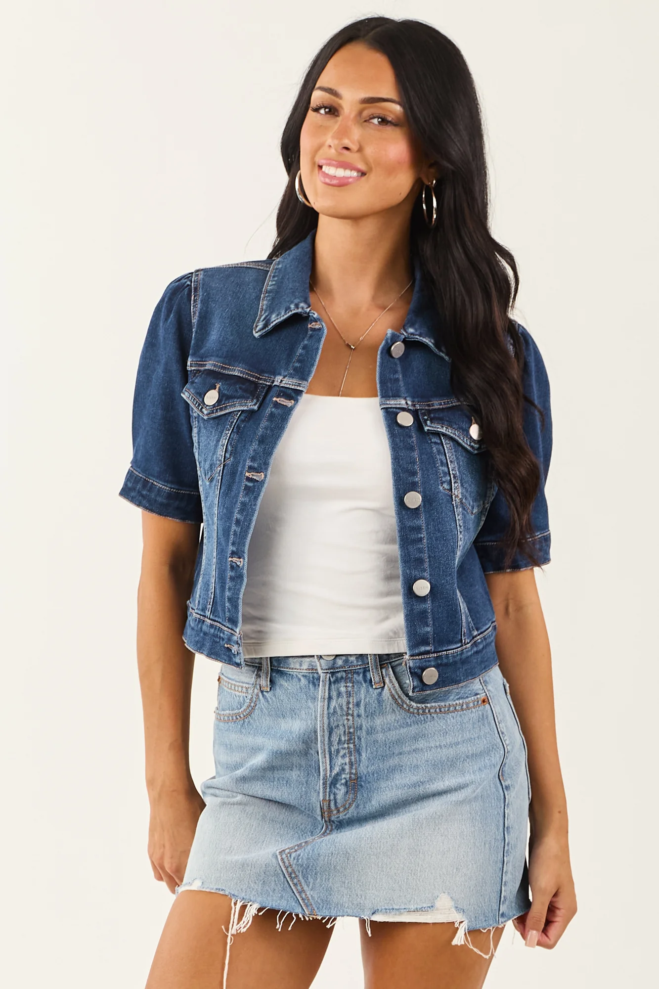 Denim Cropped Jacket with Puff Sleeves in Dark Wash