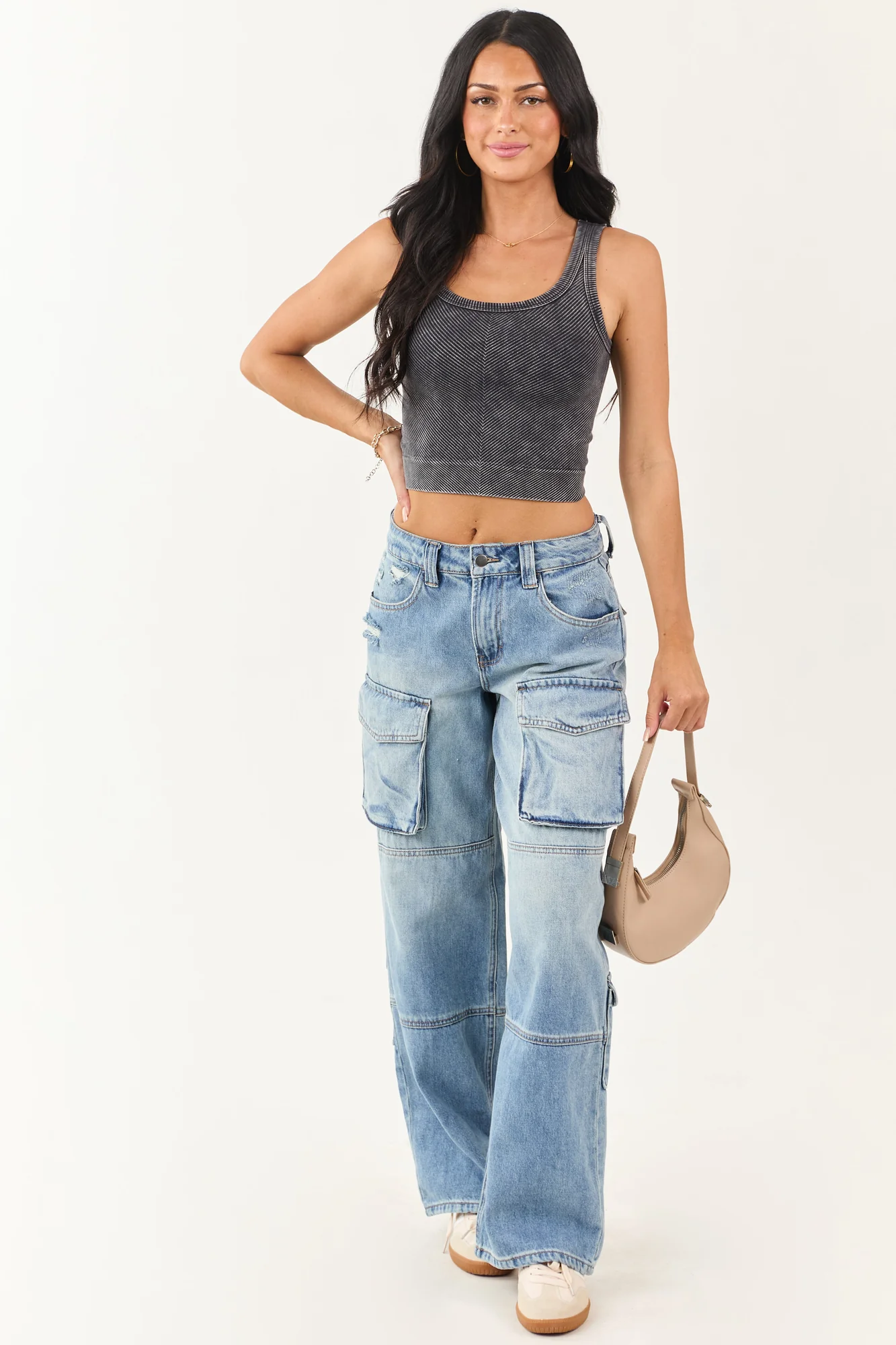 Cropped Knit Tank Top in Black Stone Wash