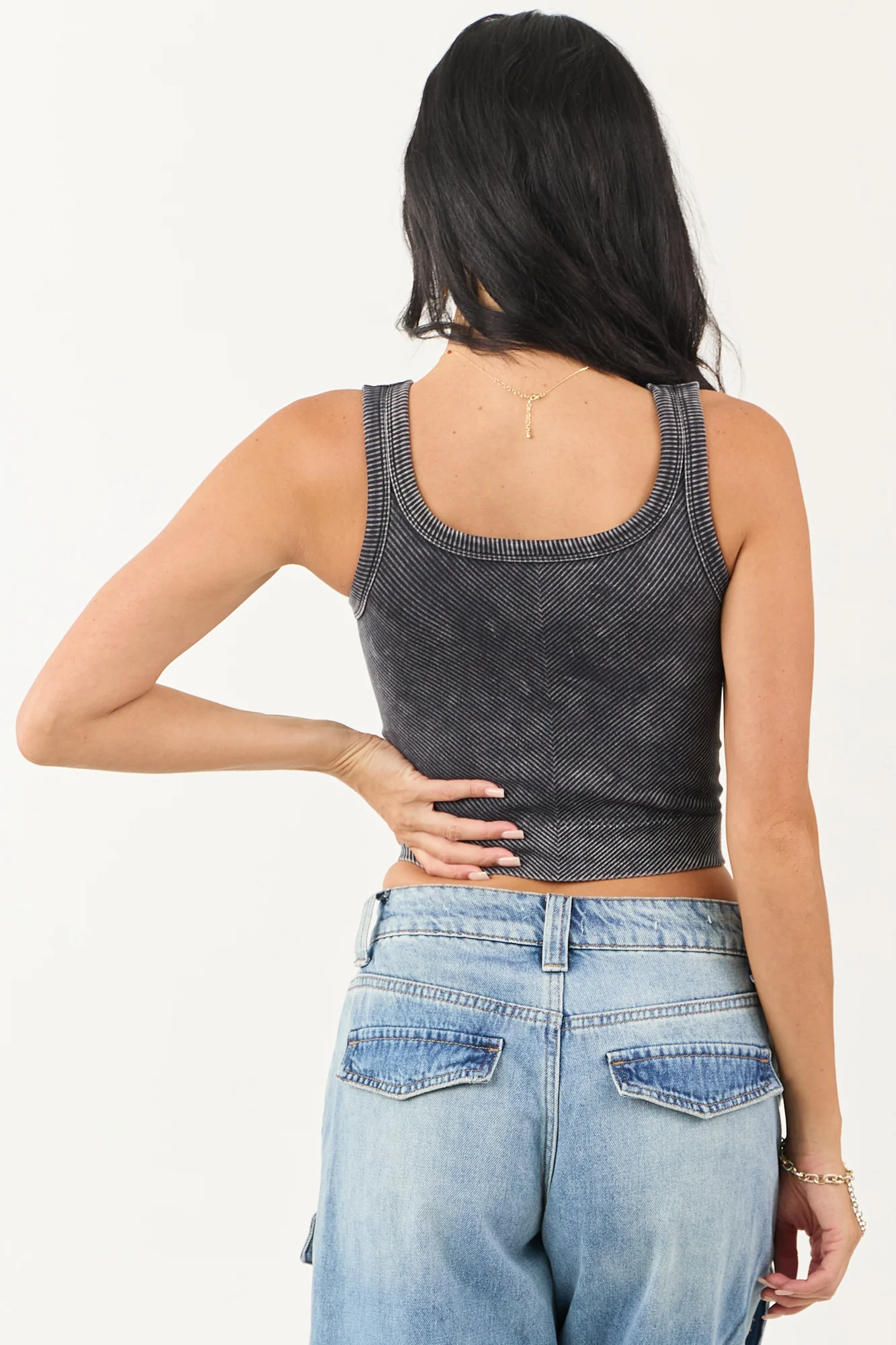 Cropped Knit Tank Top in Black Stone Wash