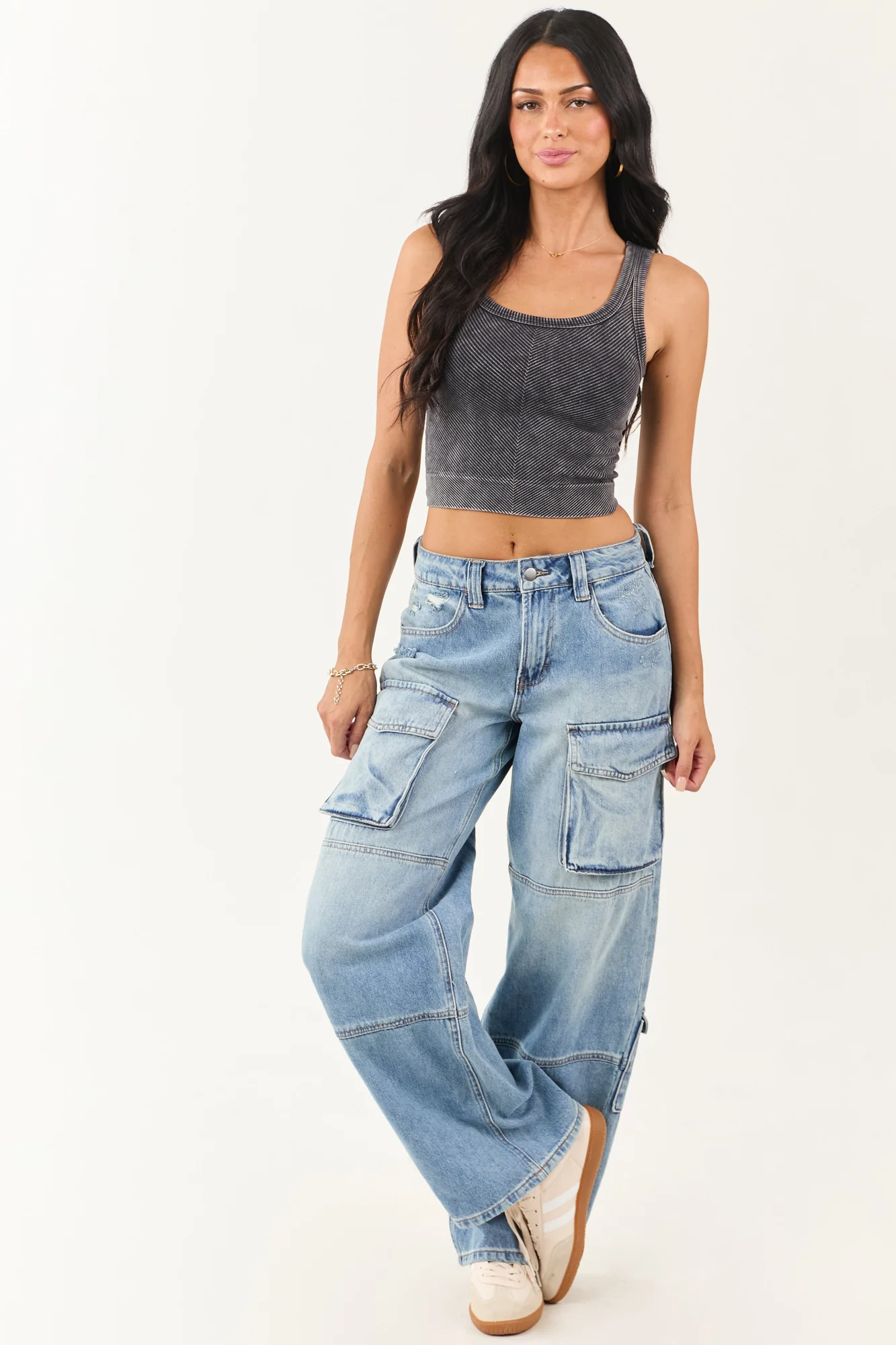 Cropped Knit Tank Top in Black Stone Wash