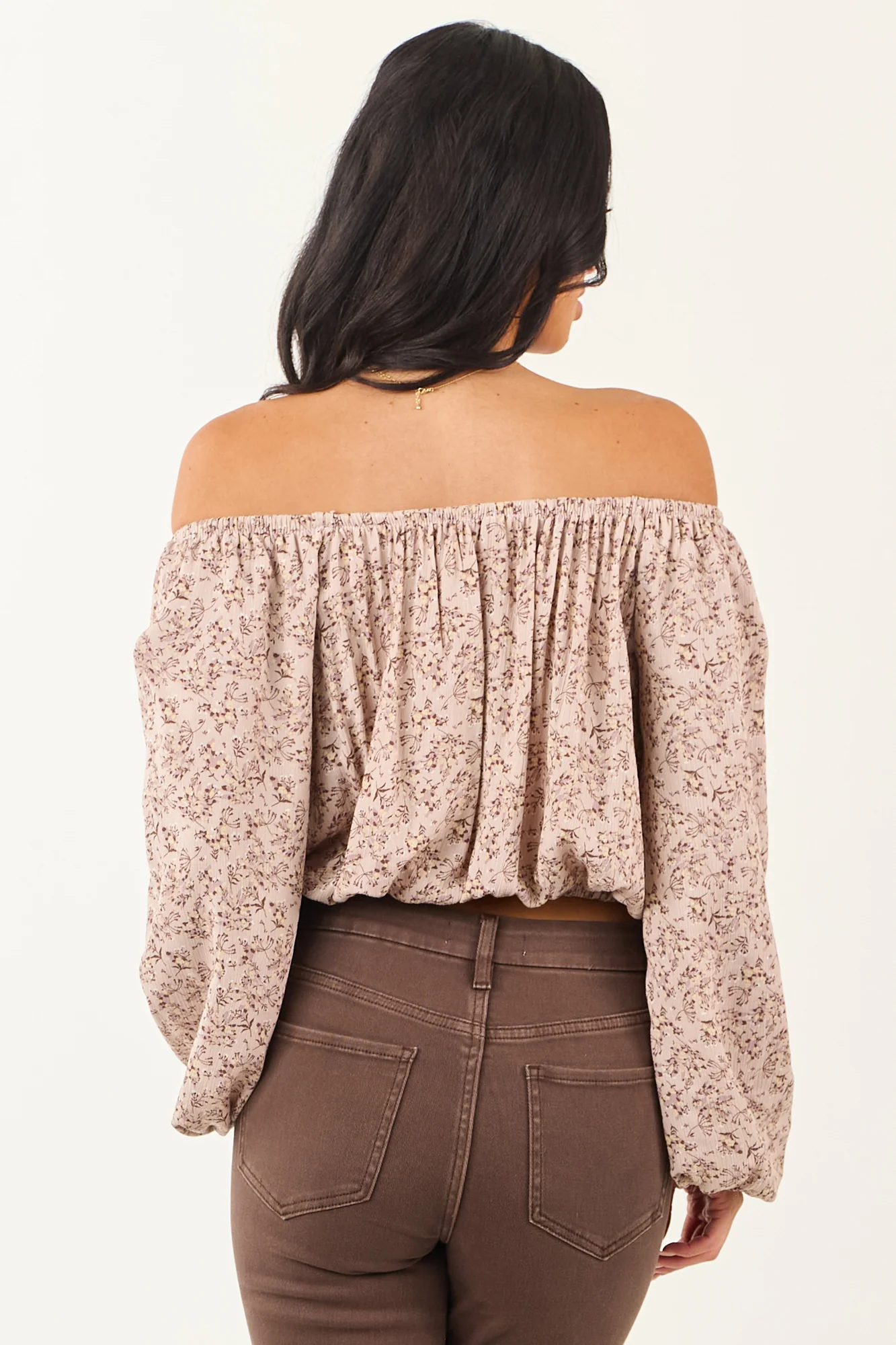 Floral Print Off Shoulder Crop Top in Rose Taupe