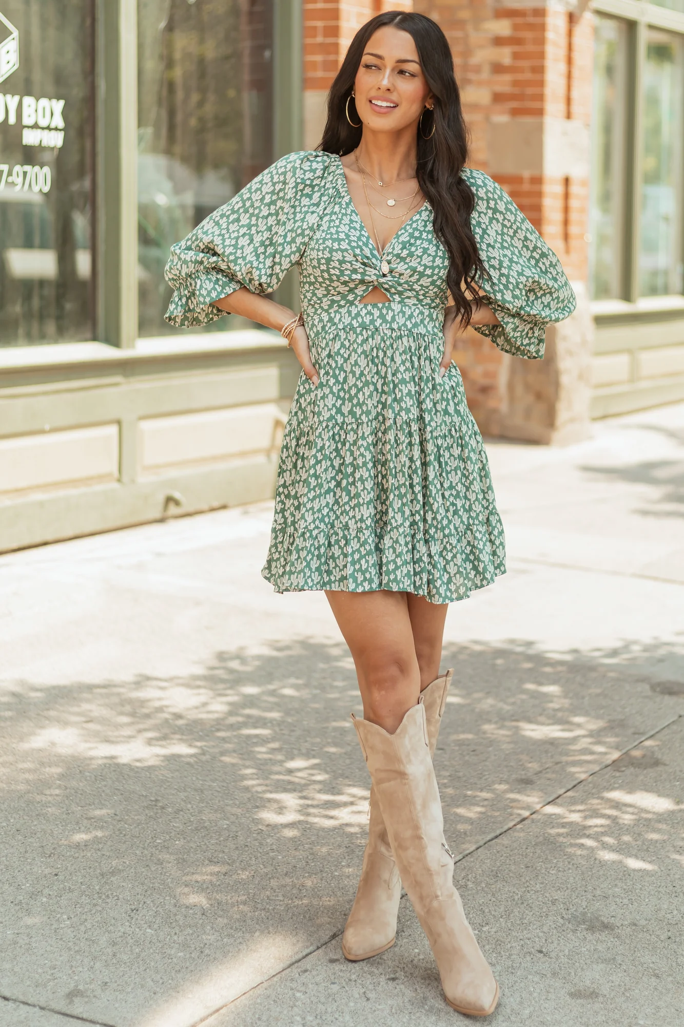 Flowy Cactus Print Mini Dress with Front Twist Detail