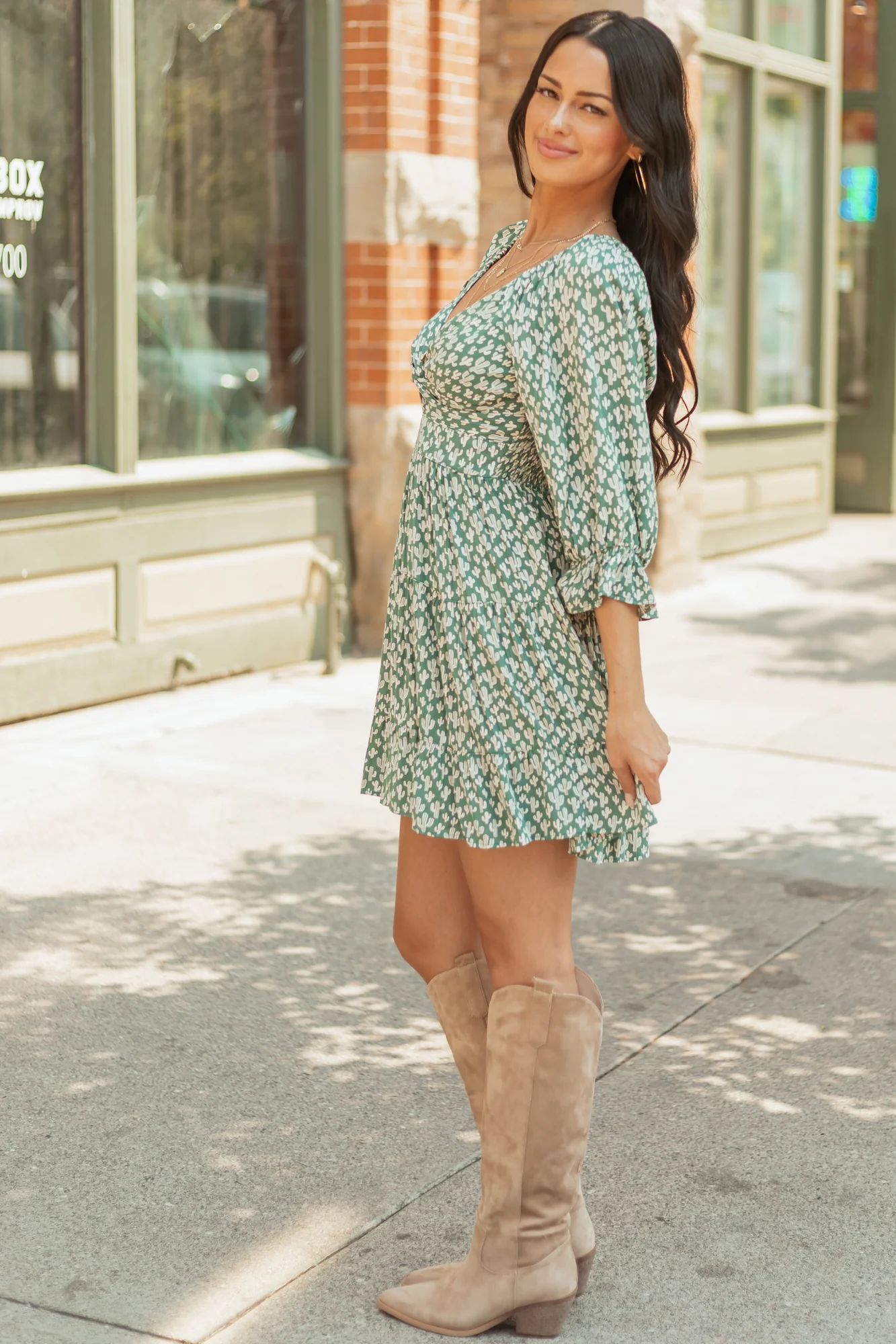 Flowy Cactus Print Mini Dress with Front Twist Detail
