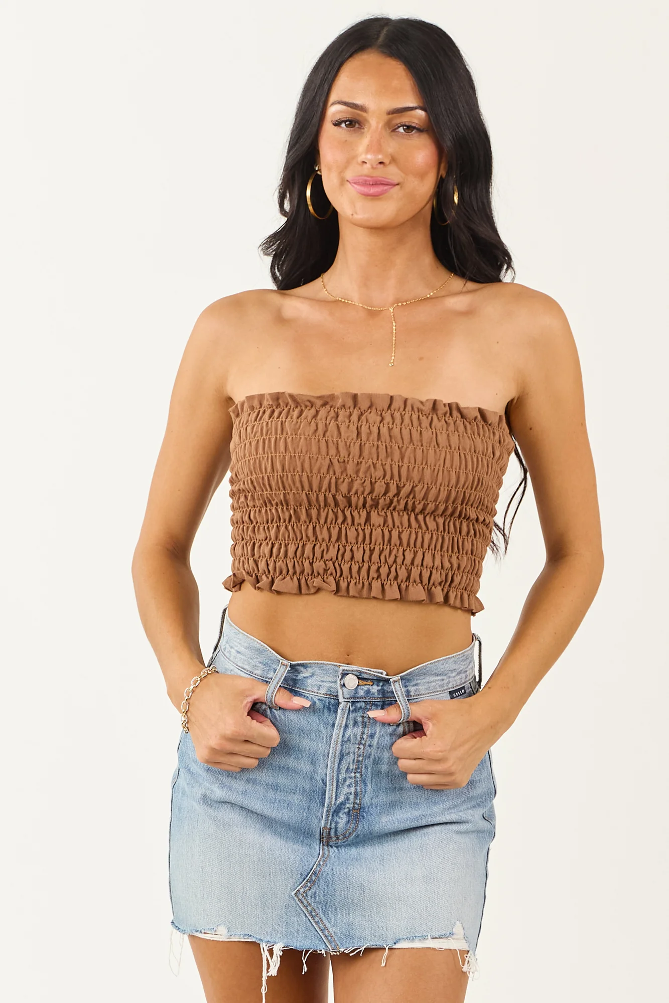 Brown Ruffle Trim Bandeau Top - Flirty Stretchy Smocked Design