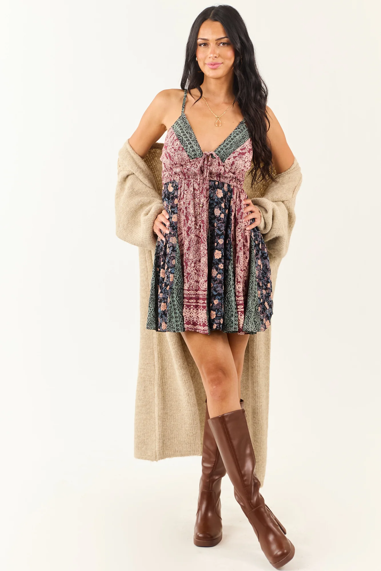 Berry Abstract Colorblock Sleeveless Mini Dress