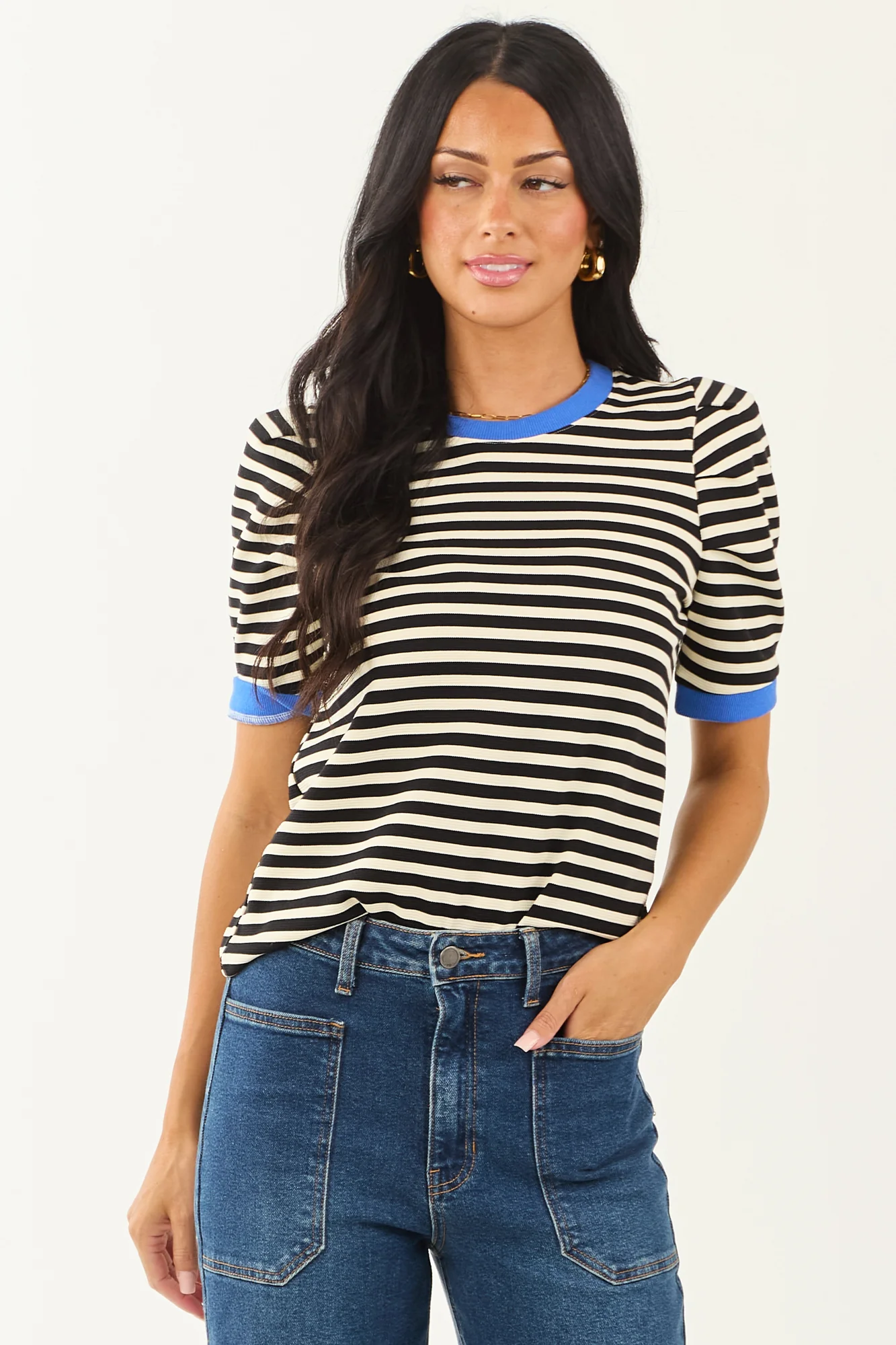 Striped Contrast Trim Short Sleeve Top in Dusty Blue
