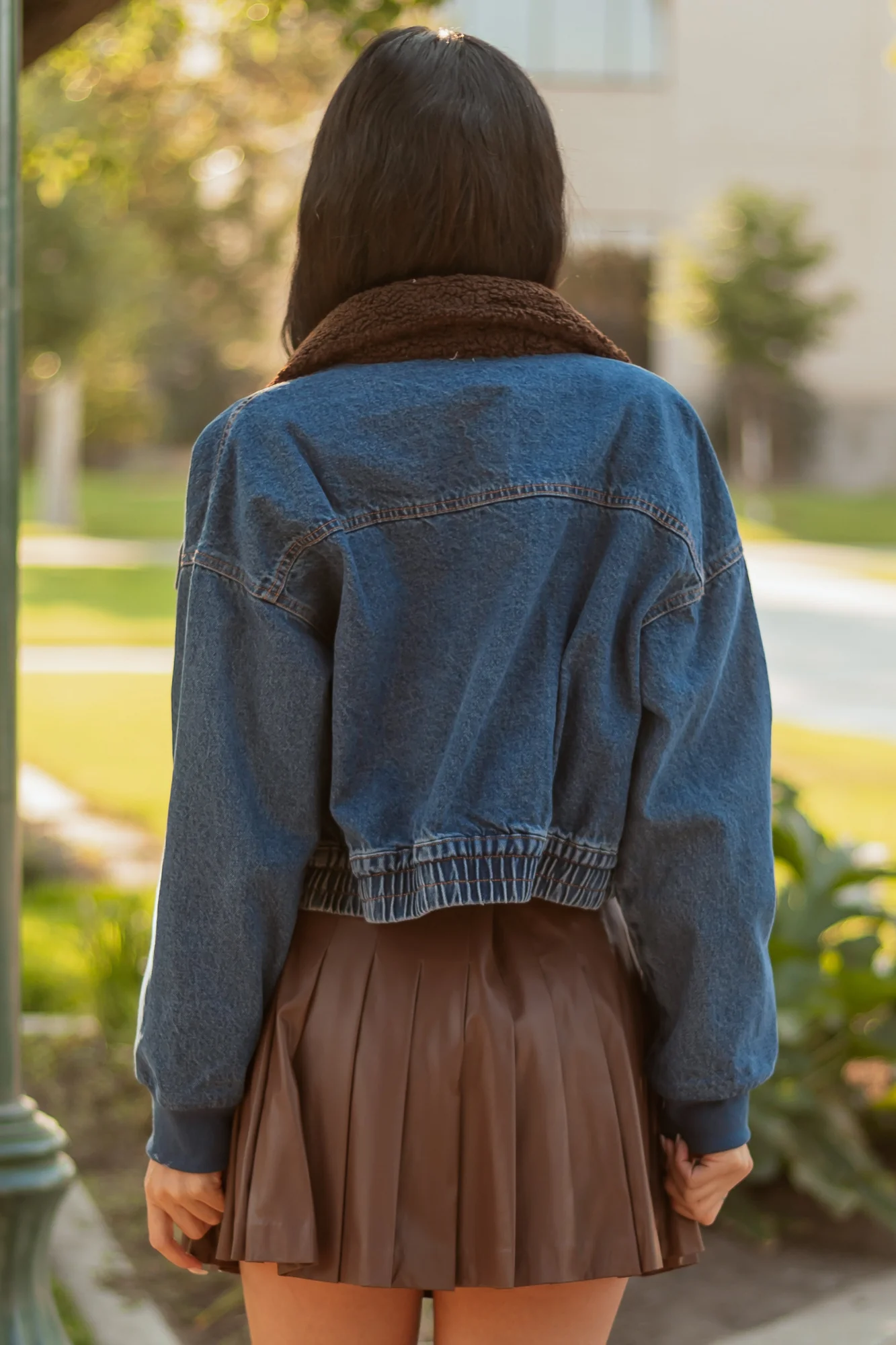 Blue Denim Zip-Up Bomber Jacket with Sherpa Collar