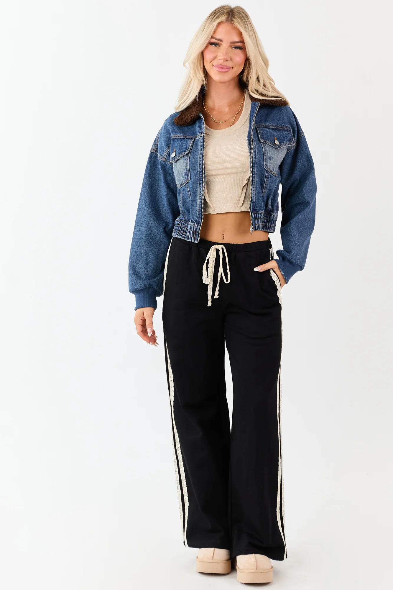 Blue Denim Zip-Up Bomber Jacket with Sherpa Collar