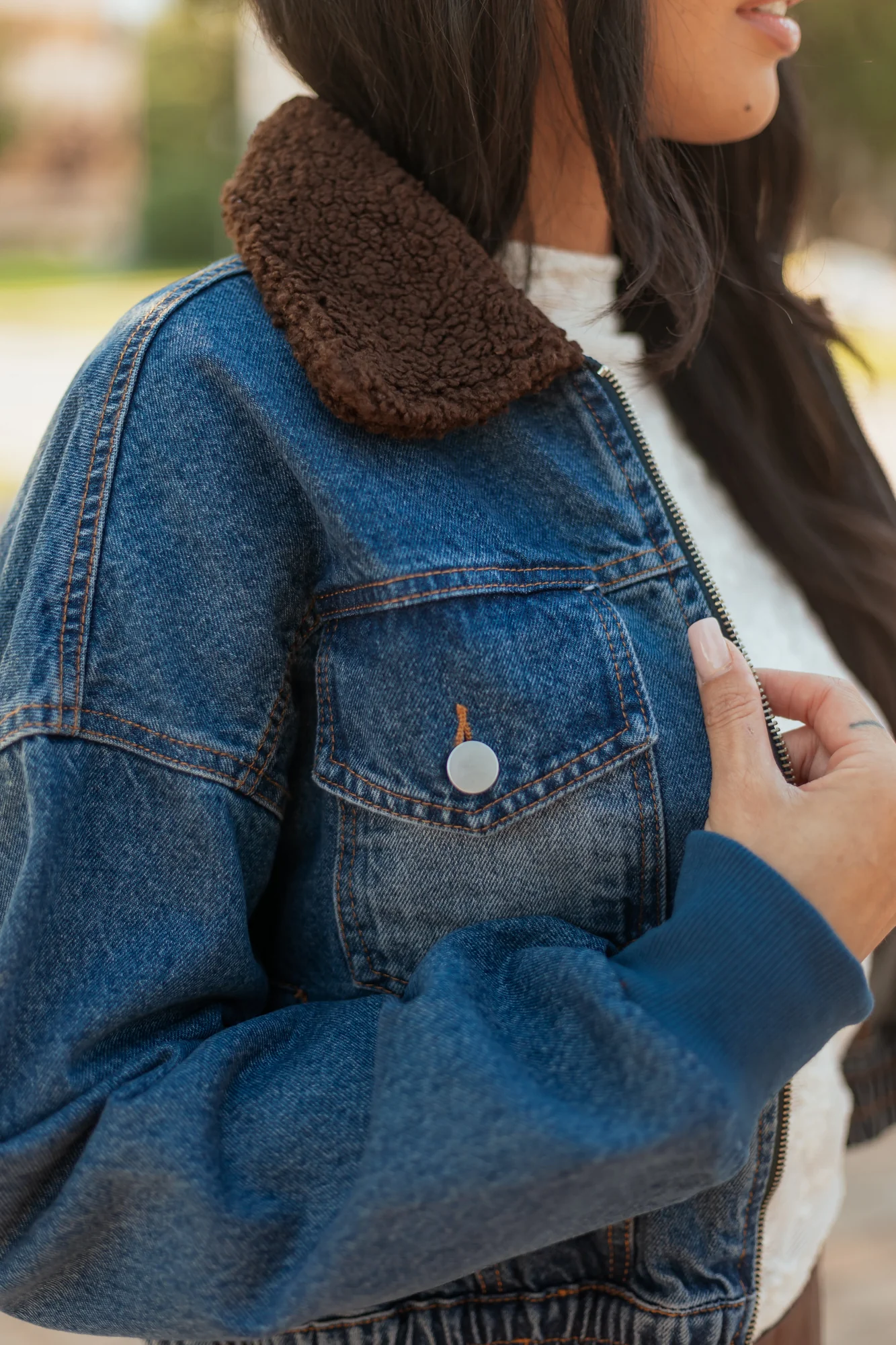 Blue Denim Zip-Up Bomber Jacket with Sherpa Collar