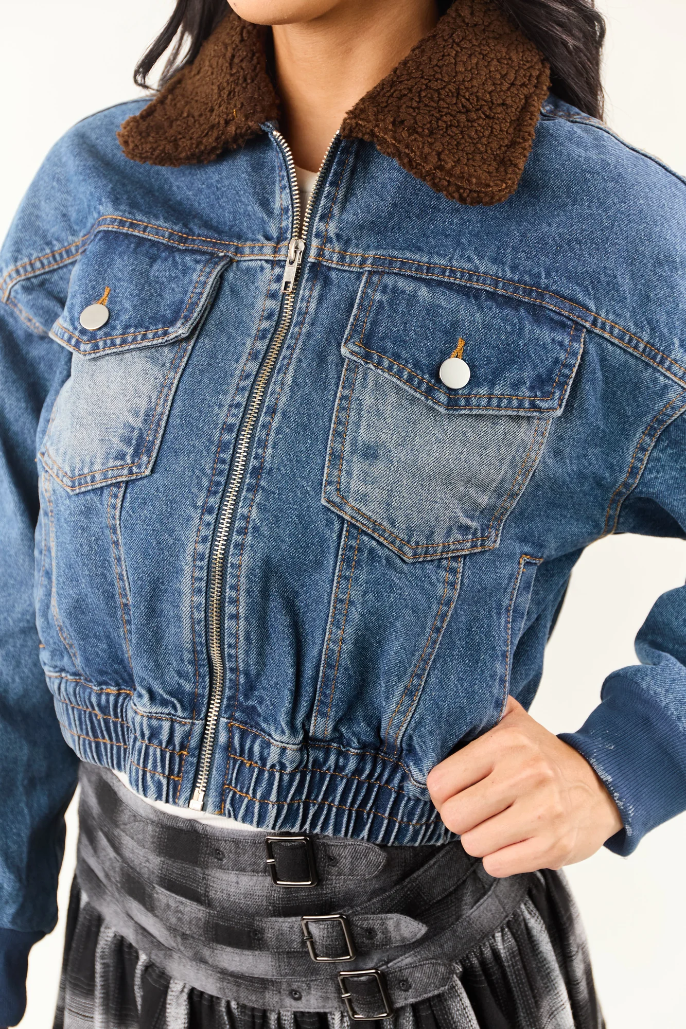 Blue Denim Zip-Up Bomber Jacket with Sherpa Collar