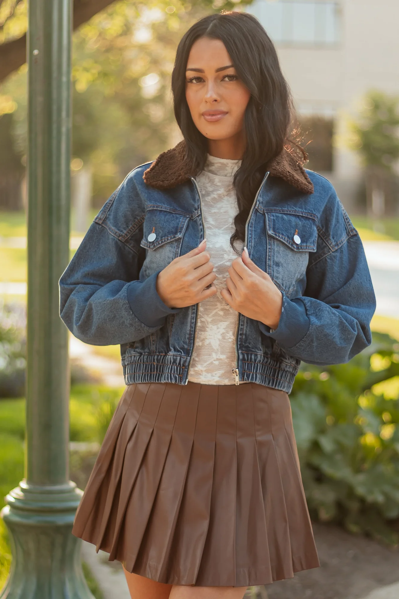 Blue Denim Zip-Up Bomber Jacket with Sherpa Collar