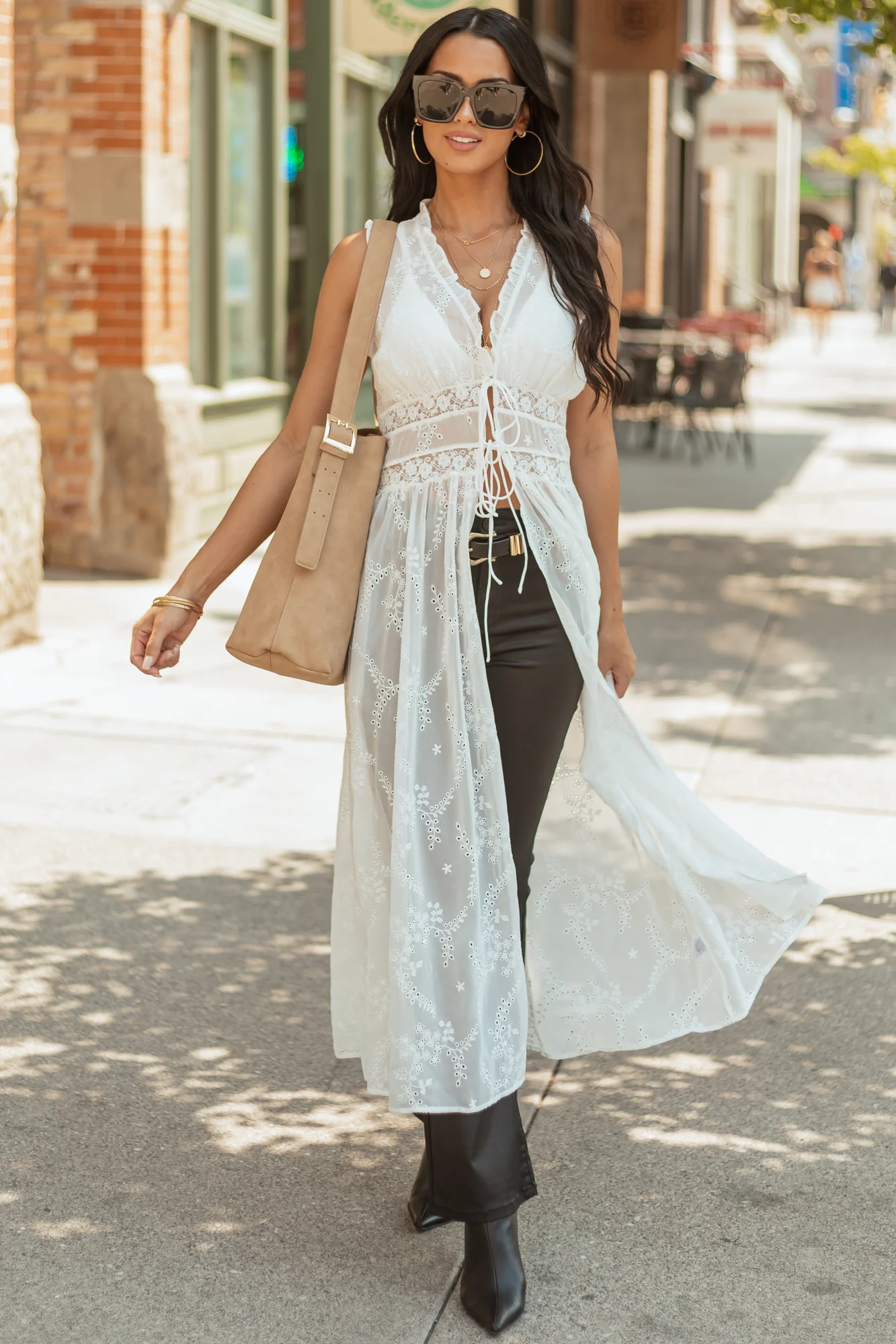 White Lace Embroidered Duster Vest