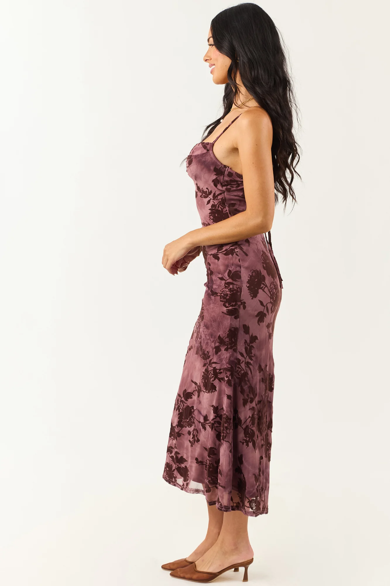 Purple Floral Velvet Mesh Bodycon Midi Dress