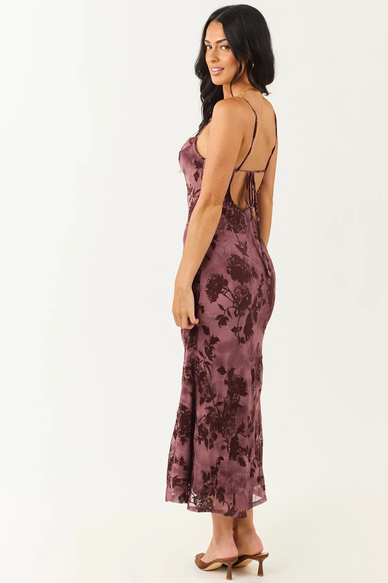 Purple Floral Velvet Mesh Bodycon Midi Dress