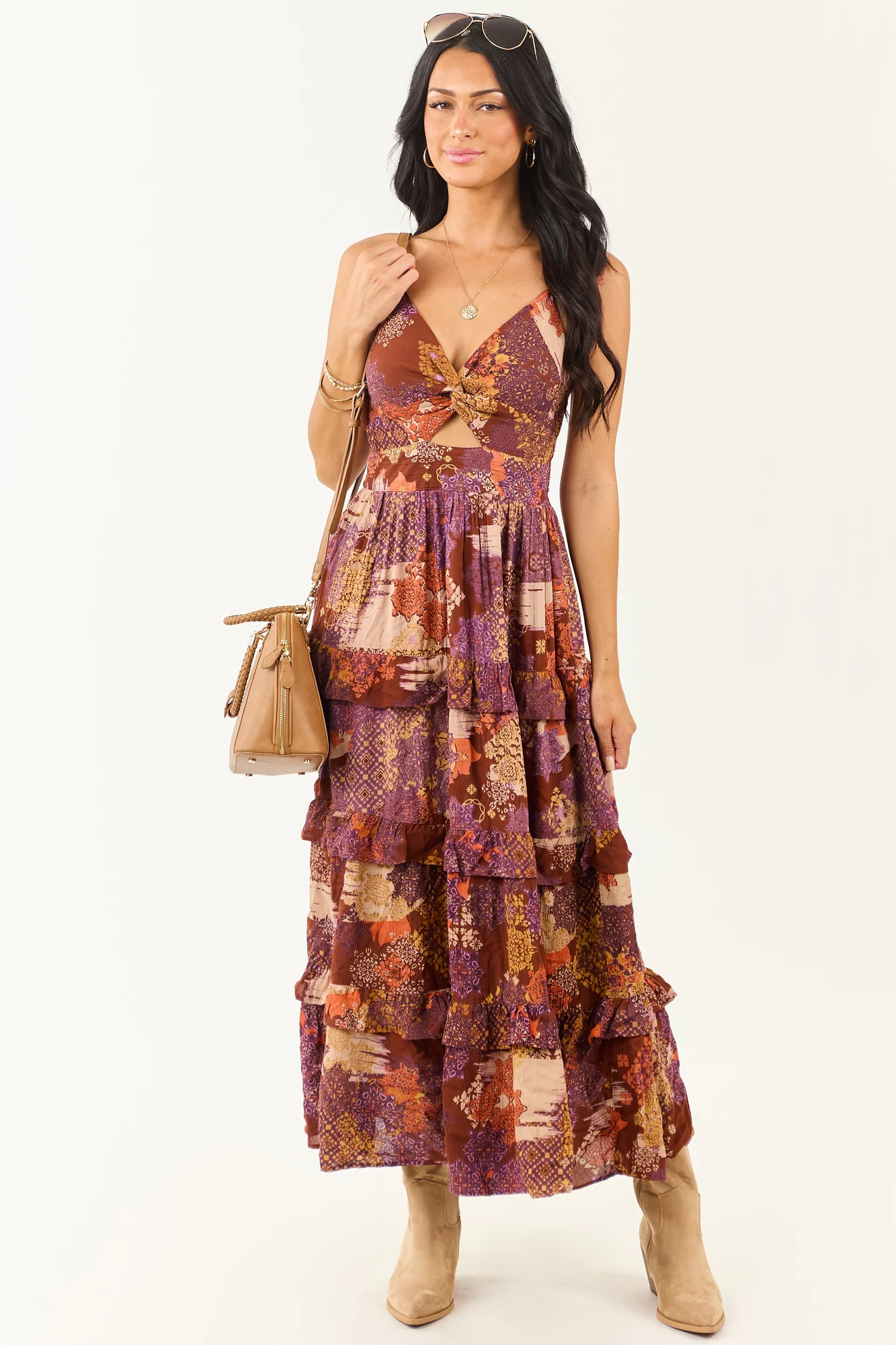 Boho Patchwork Tiered Ruffle Midi Dress in Spice Color