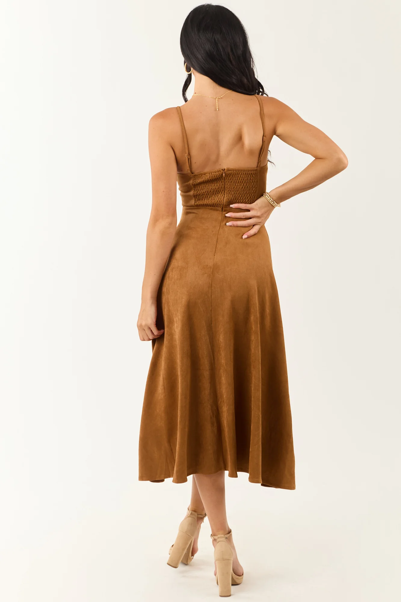 Brown Faux Suede Sweetheart Neckline A-Line Midi Dress