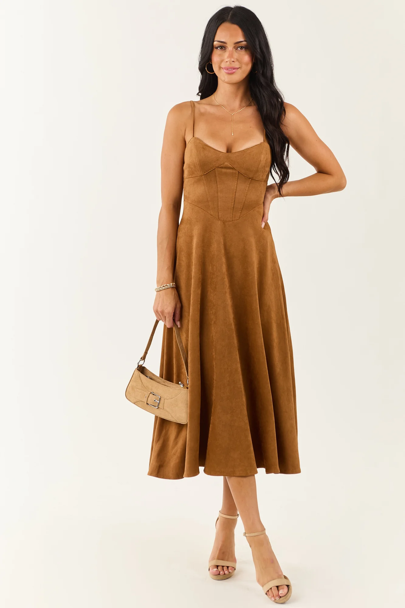 Brown Faux Suede Sweetheart Neckline A-Line Midi Dress