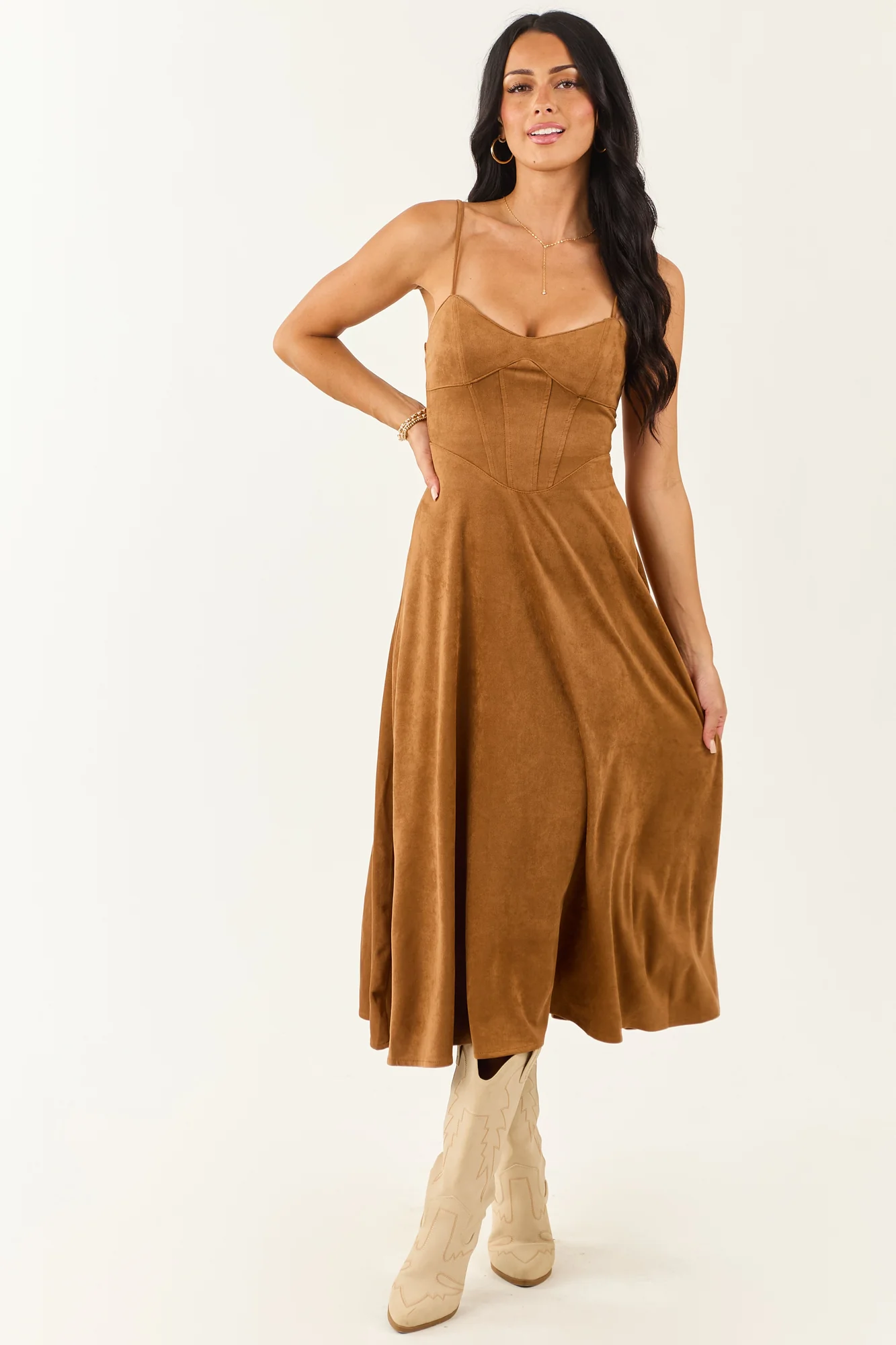Brown Faux Suede Sweetheart Neckline A-Line Midi Dress