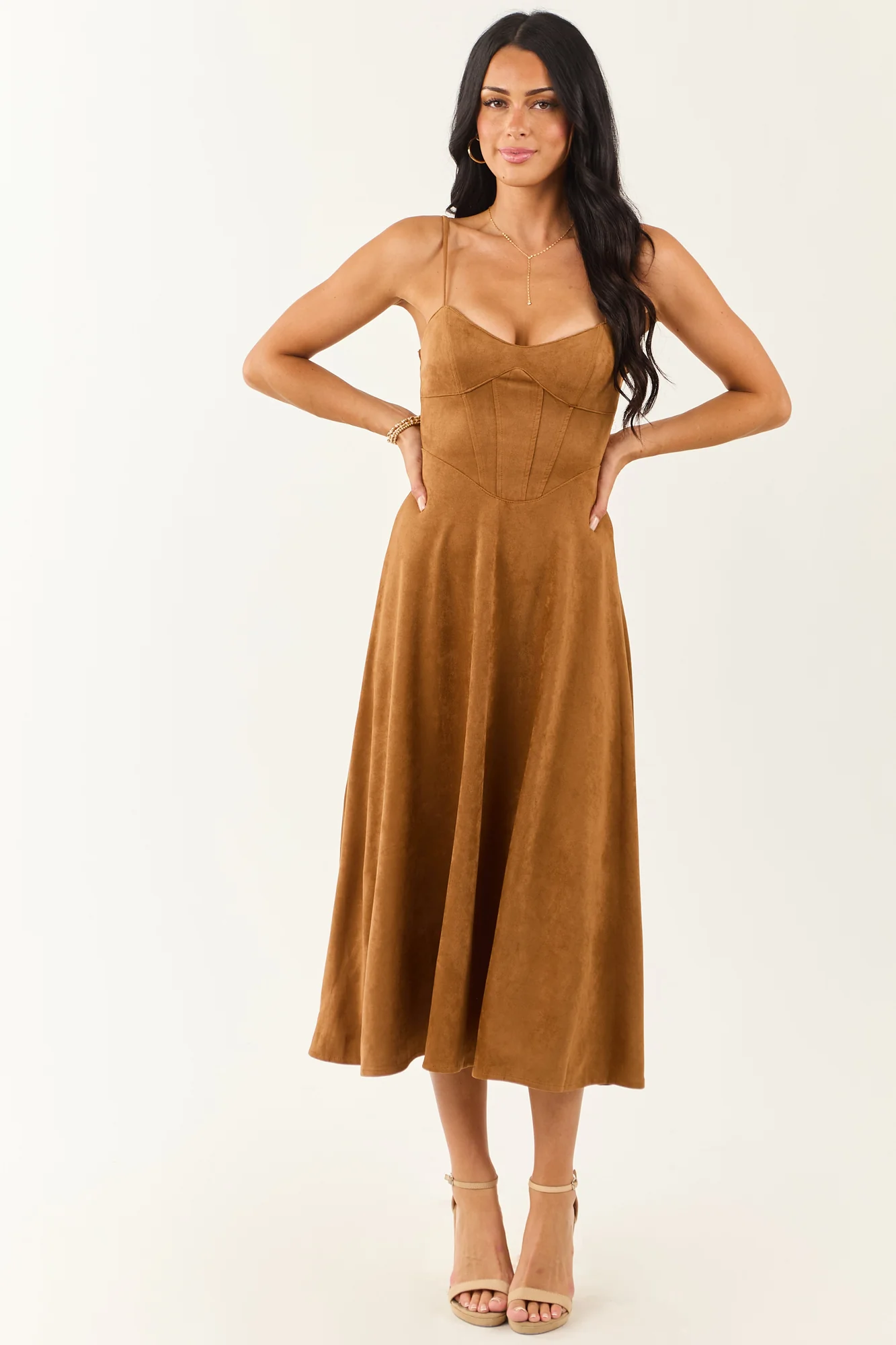 Brown Faux Suede Sweetheart Neckline A-Line Midi Dress