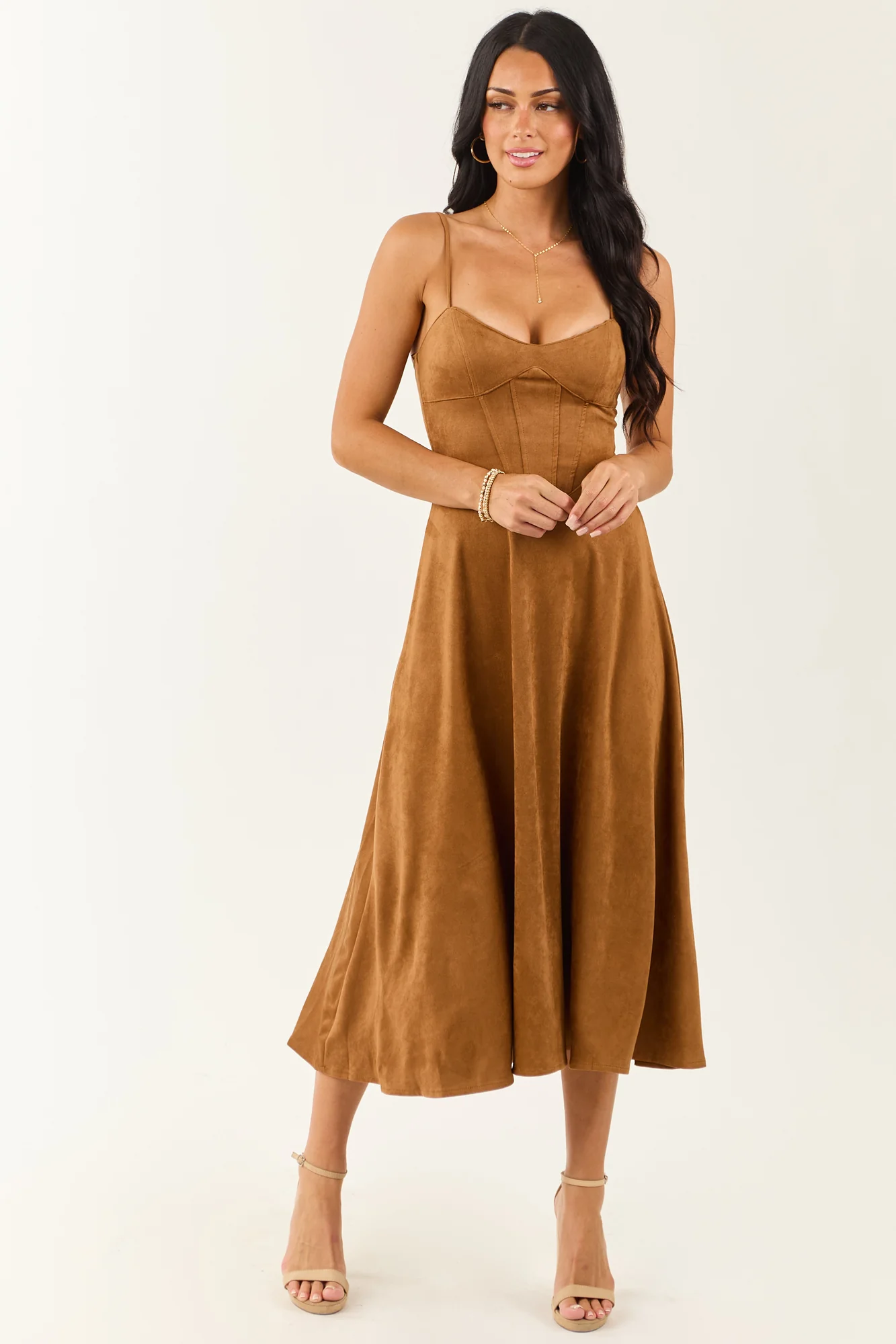 Brown Faux Suede Sweetheart Neckline A-Line Midi Dress
