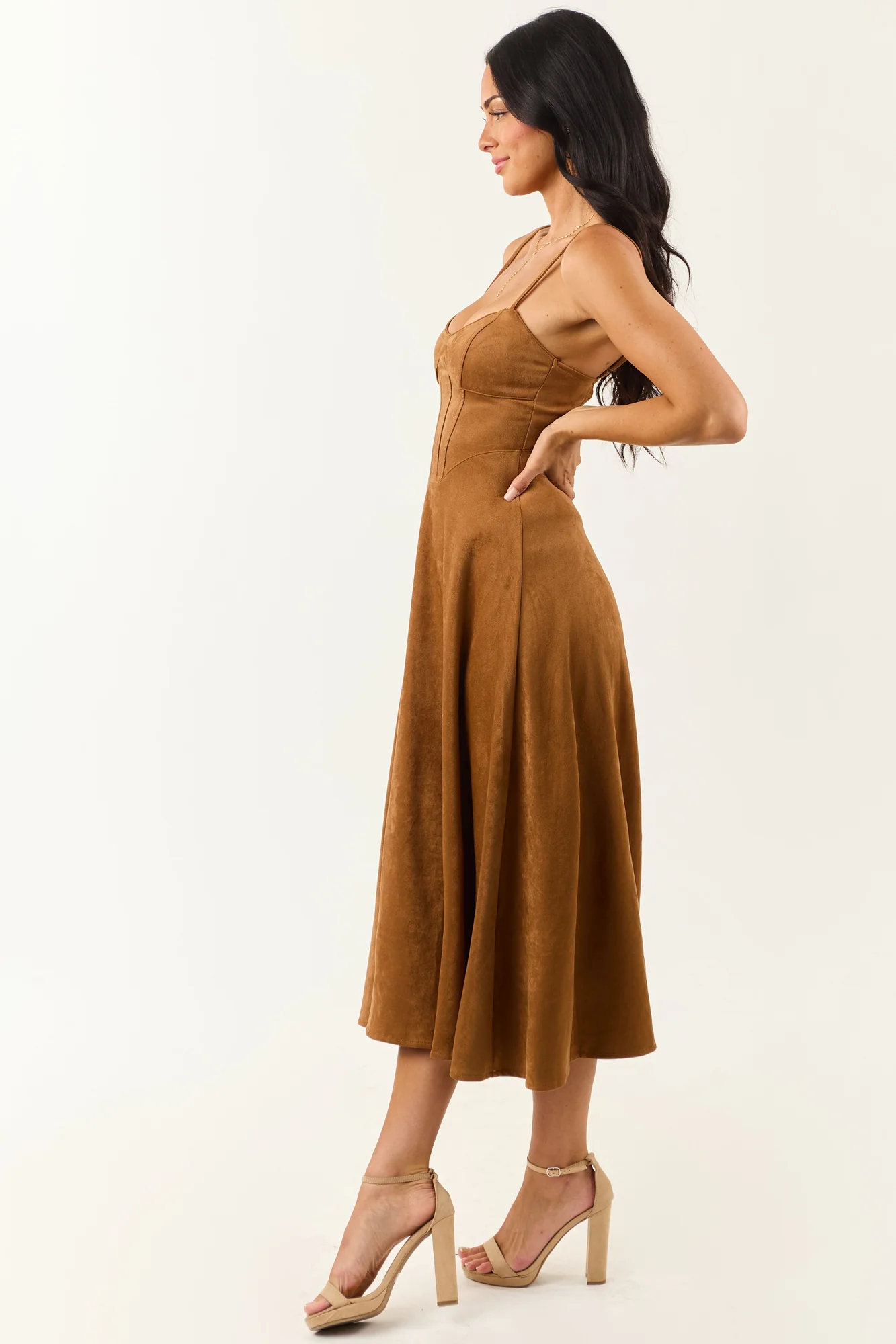 Brown Faux Suede Sweetheart Neckline A-Line Midi Dress