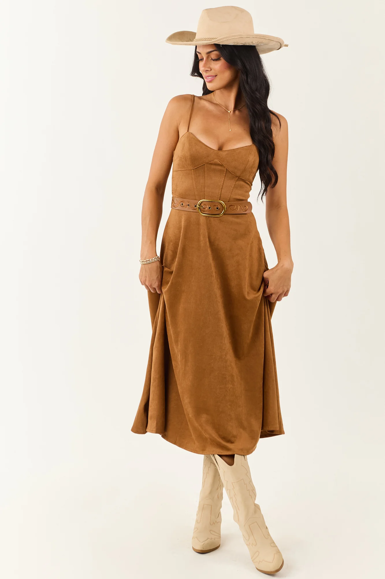 Brown Faux Suede Sweetheart Neckline A-Line Midi Dress