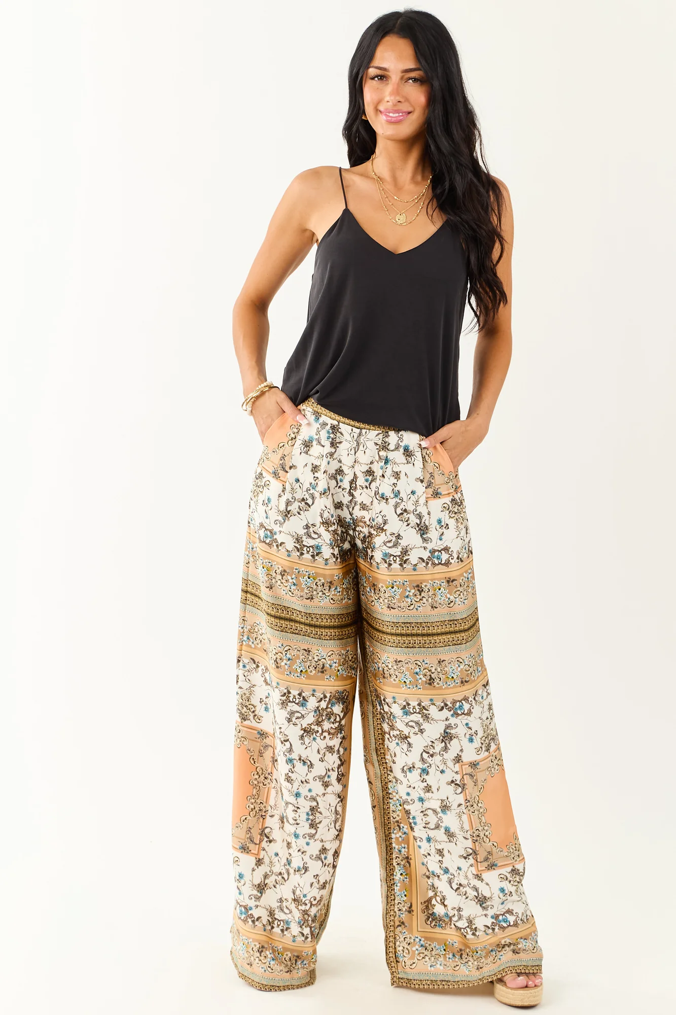Flowy Ivory Scarf Print Wide Leg Pants