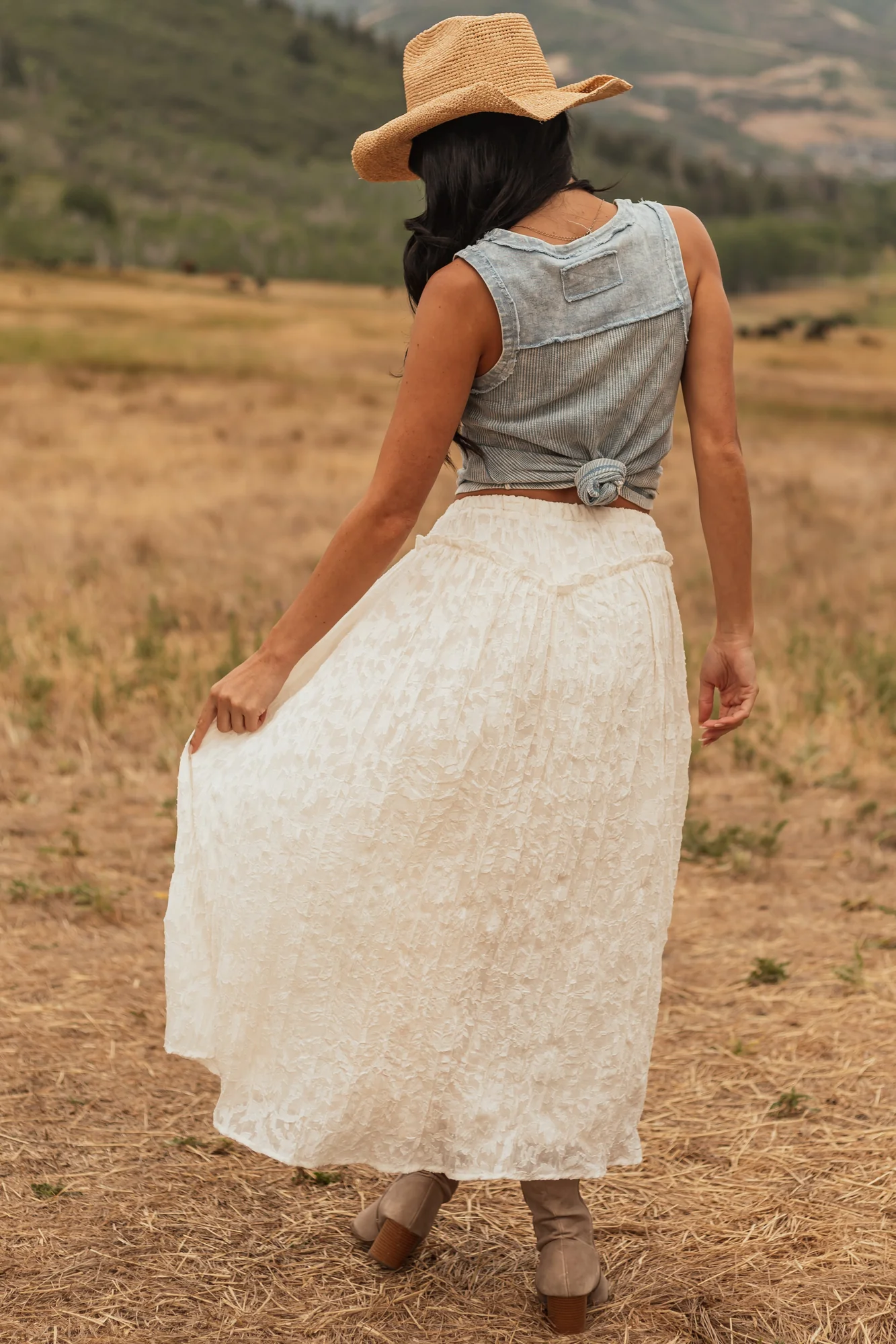 Floral Lace Maxi Skirt in Vanilla White | Elastic Waist & Drawstring Tie