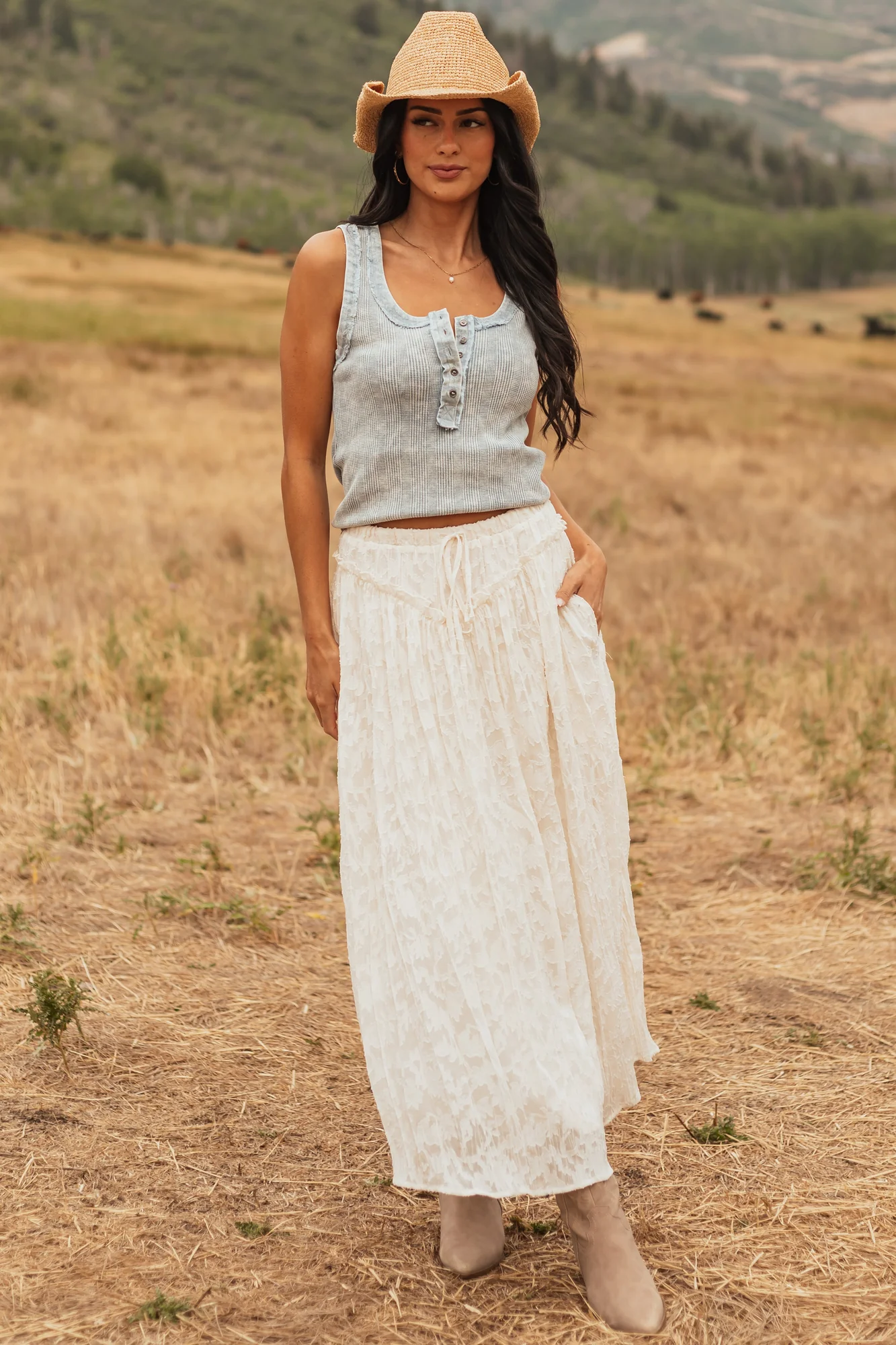 Floral Lace Maxi Skirt in Vanilla White | Elastic Waist & Drawstring Tie