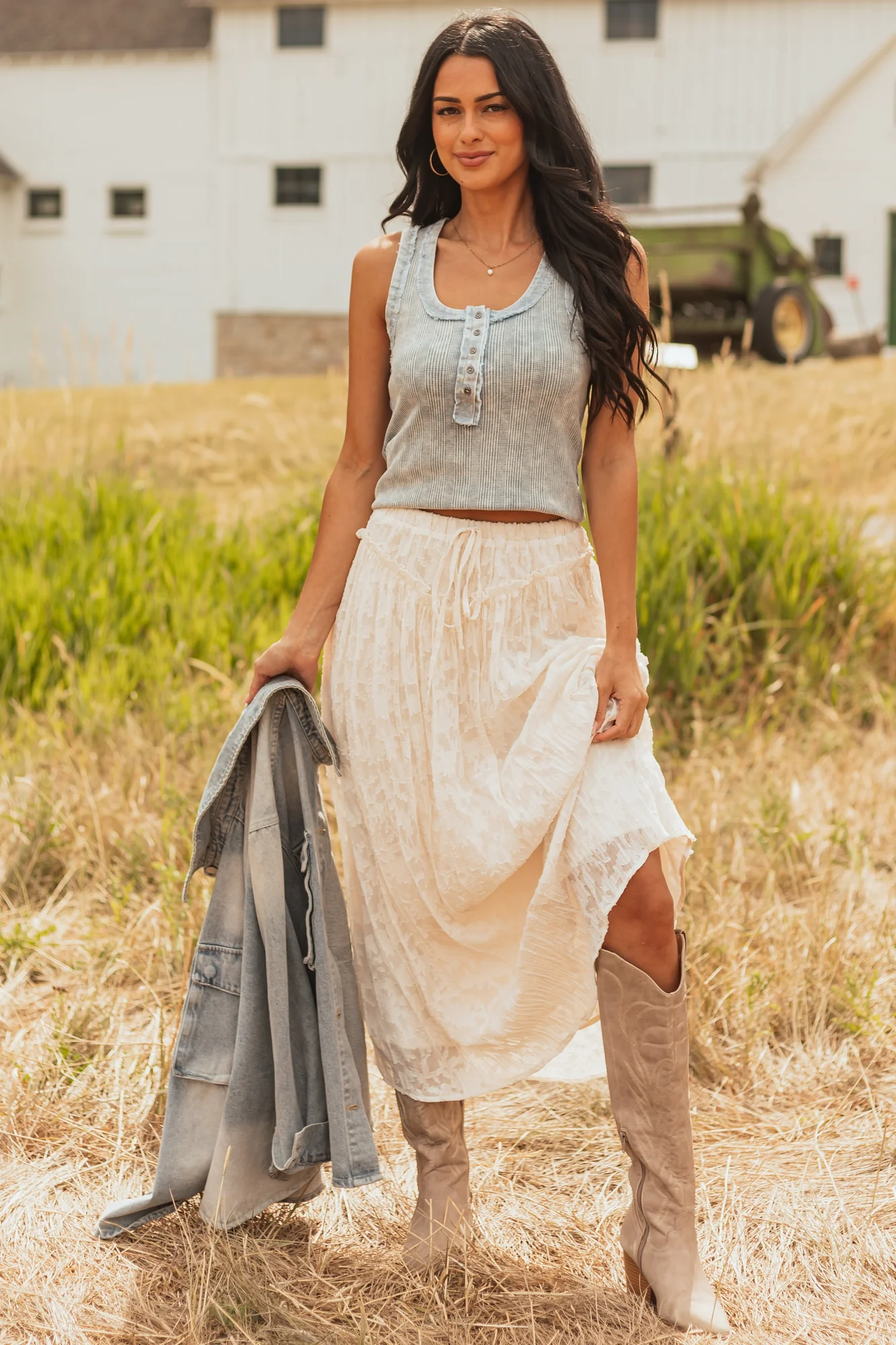 Floral Lace Maxi Skirt in Vanilla White | Elastic Waist & Drawstring Tie