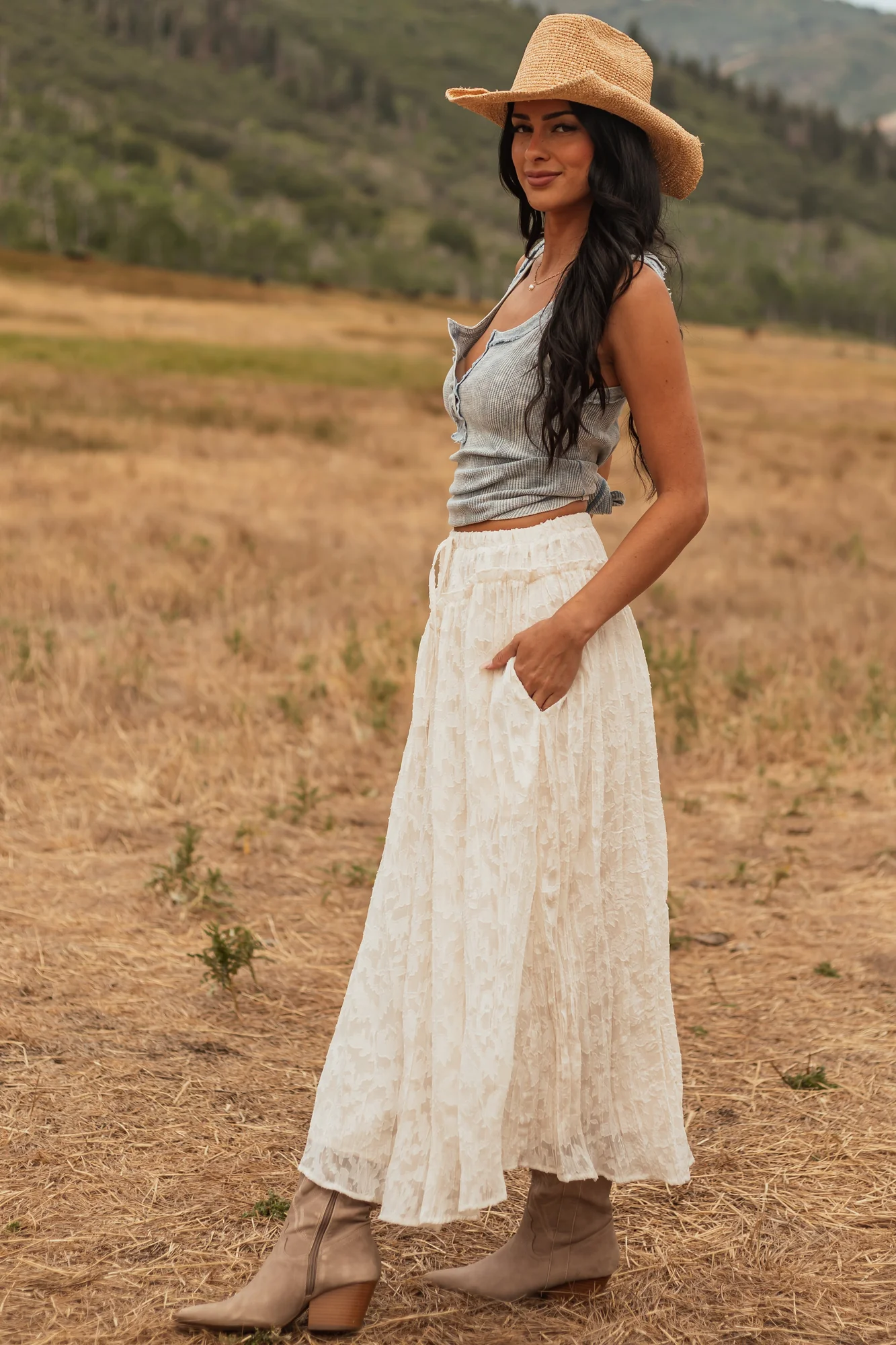 Floral Lace Maxi Skirt in Vanilla White | Elastic Waist & Drawstring Tie