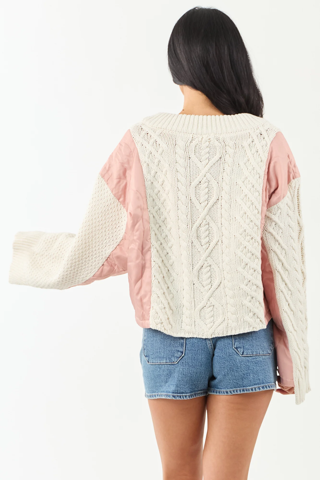 Cream Cable Knit Oversized Cardigan with Dusty Blush Accents
