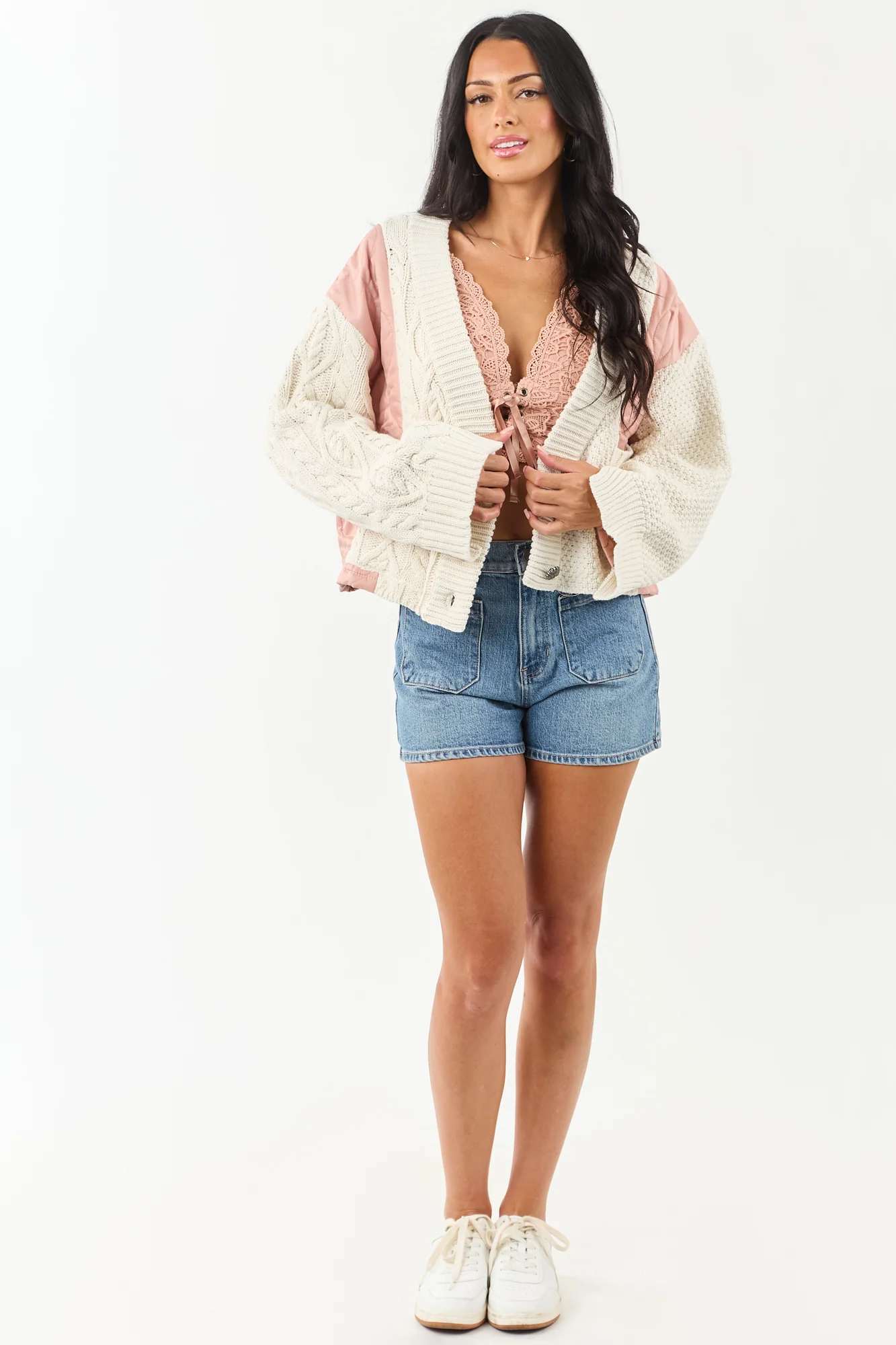 Cream Cable Knit Oversized Cardigan with Dusty Blush Accents
