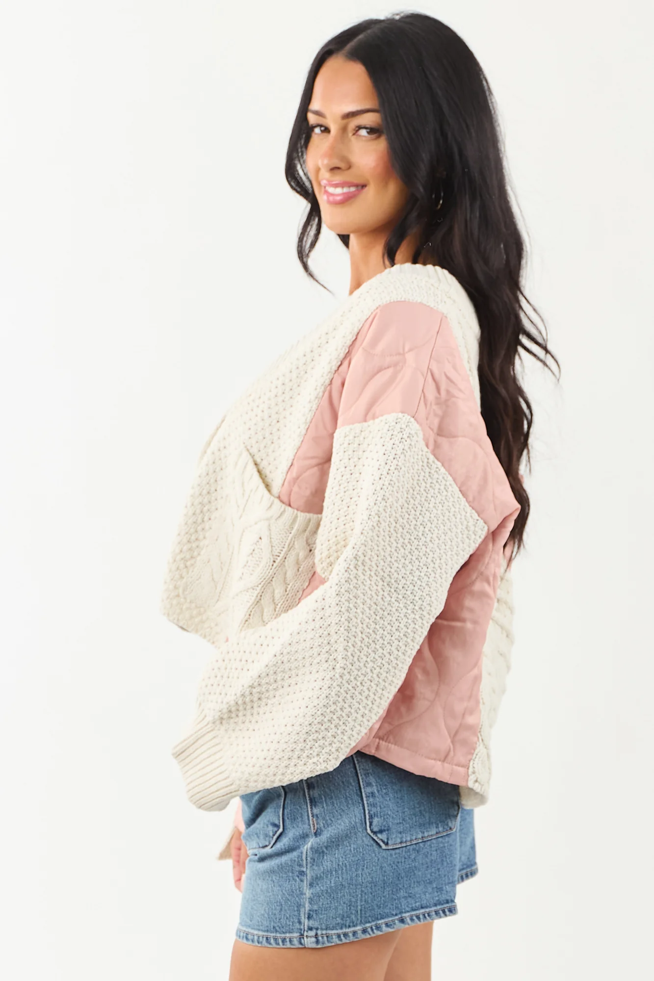 Cream Cable Knit Oversized Cardigan with Dusty Blush Accents