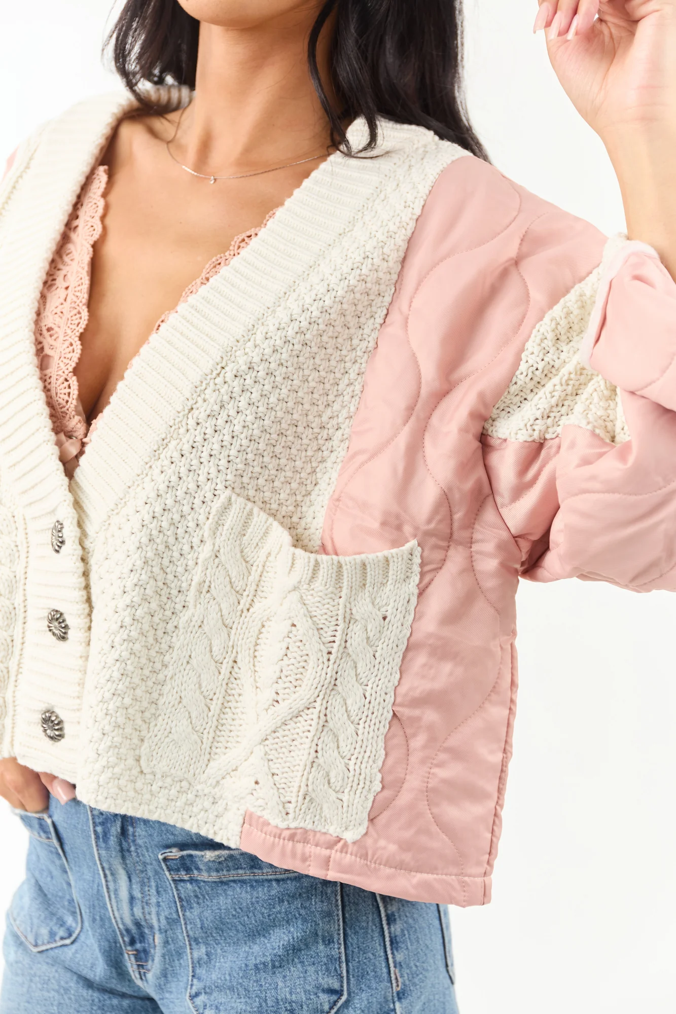 Cream Cable Knit Oversized Cardigan with Dusty Blush Accents