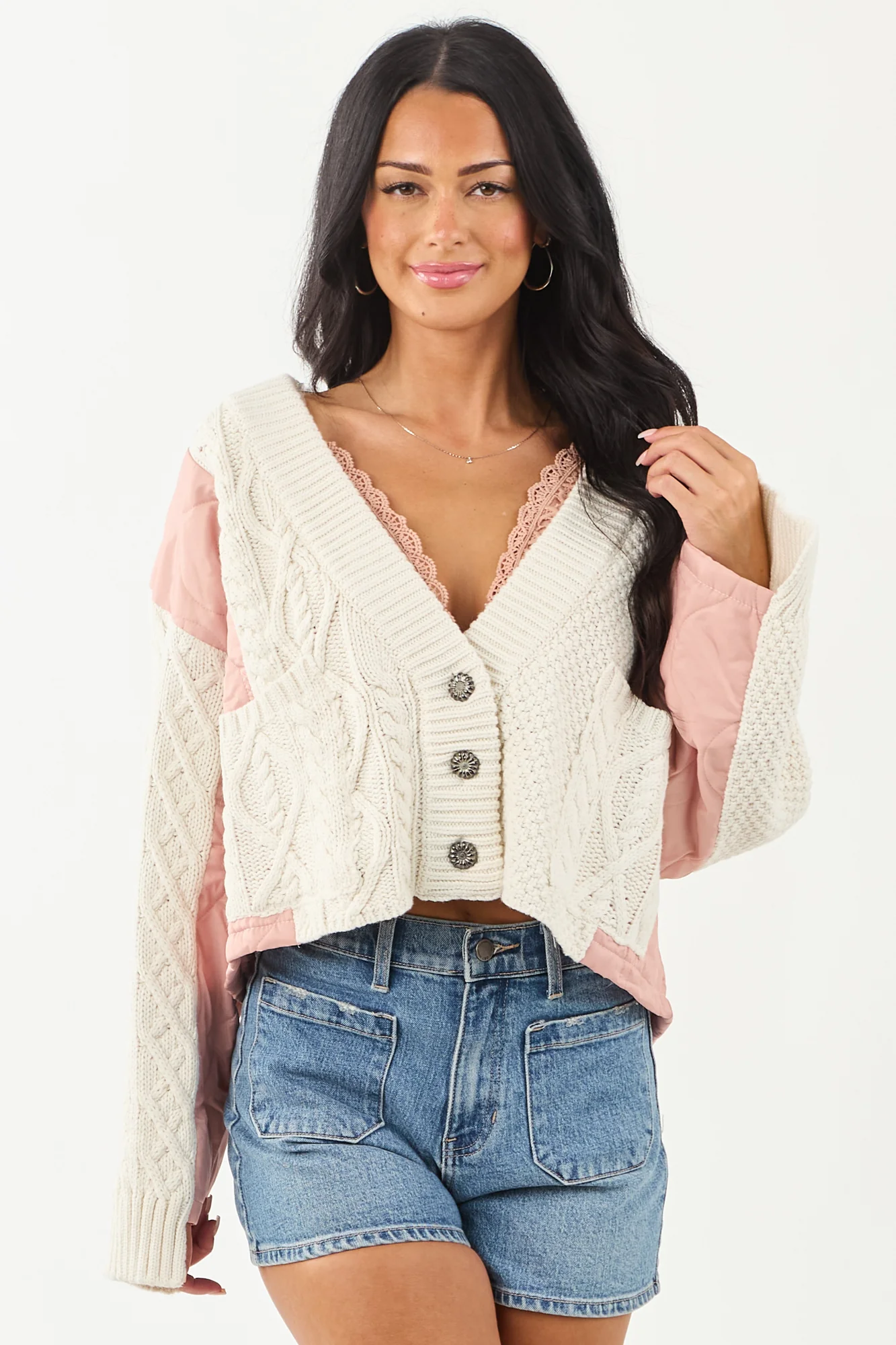 Cream Cable Knit Oversized Cardigan with Dusty Blush Accents