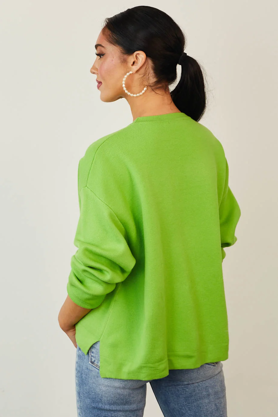 Green Knit Drop Shoulder Sweater