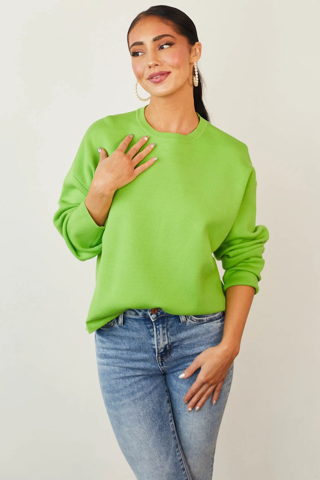 Green Knit Drop Shoulder Sweater