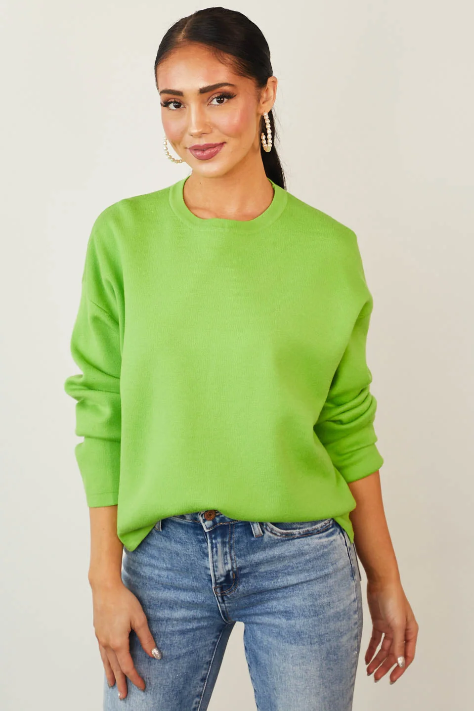 Green Knit Drop Shoulder Sweater