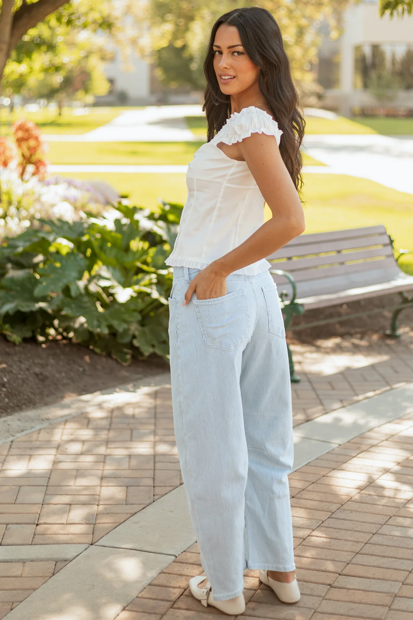 Stretchy High Rise Light Wash Striped Barrel Jeans