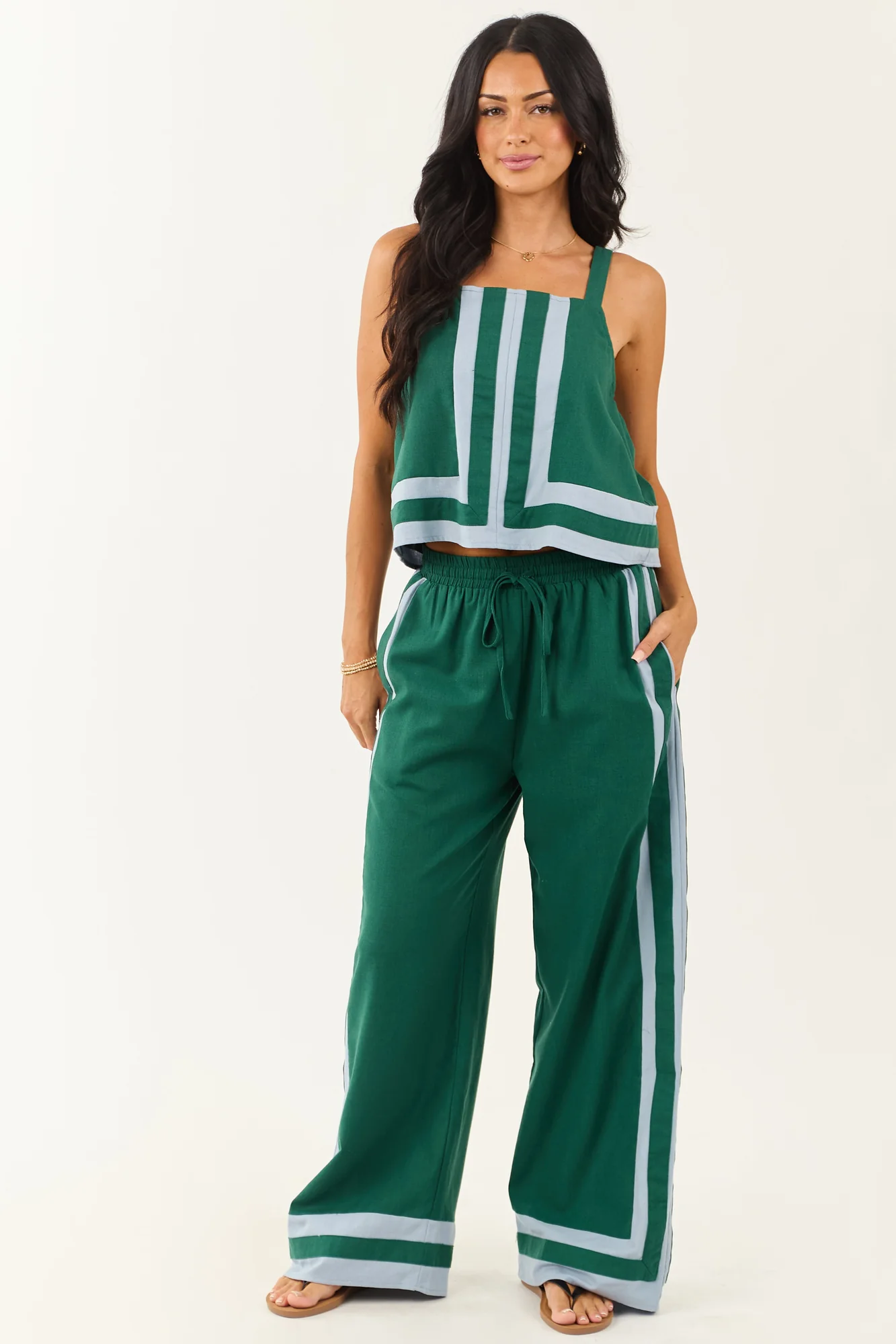 Hunter Green Linen Blend Wide Leg Pants