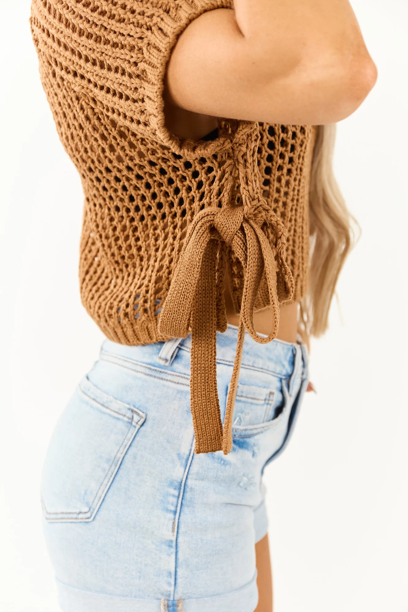 Caramel Knit Short Sleeve Top Ribbed Trim