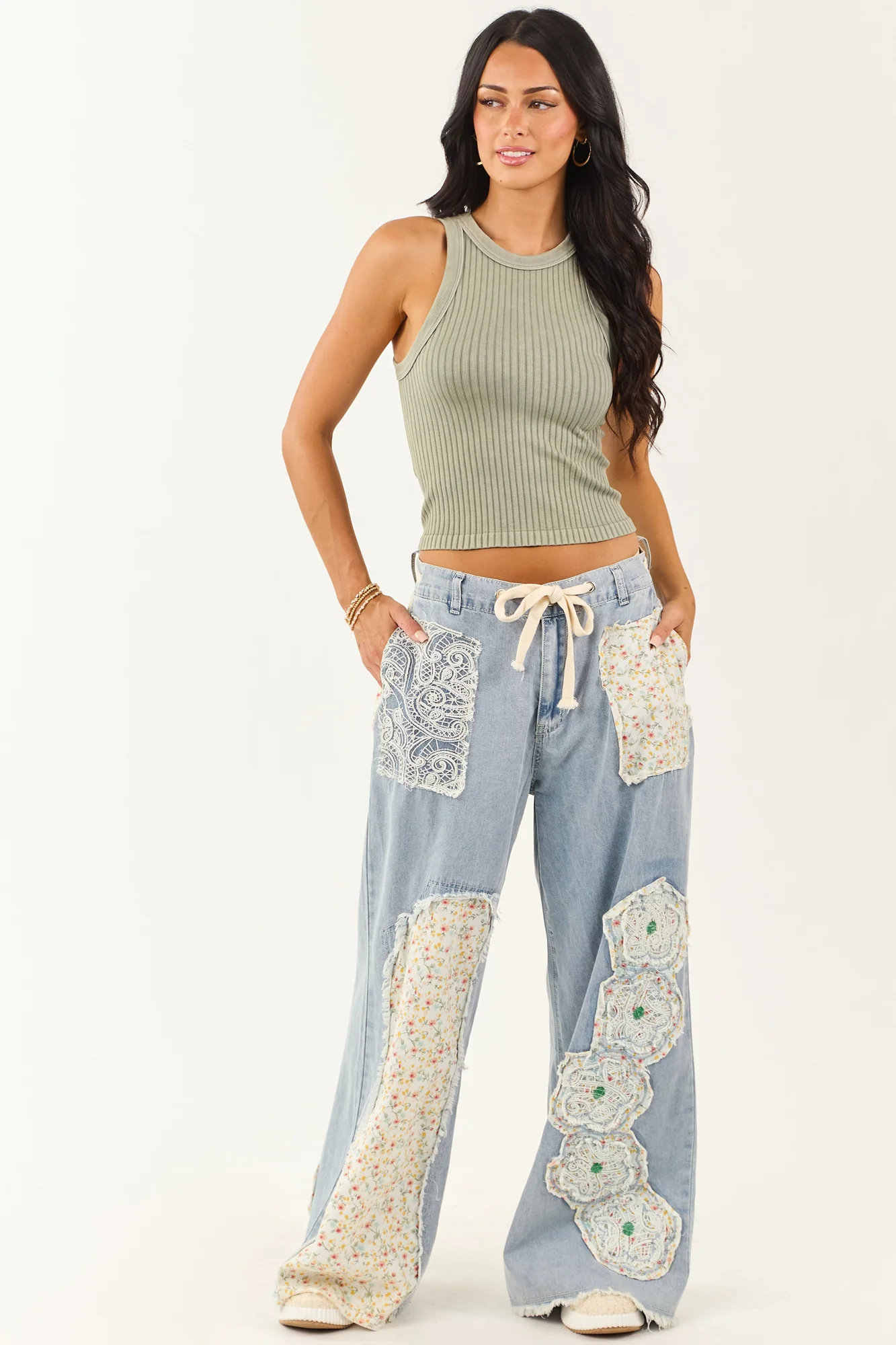 Light Wash Floral Patchwork Denim Pants with Drawstring Waist