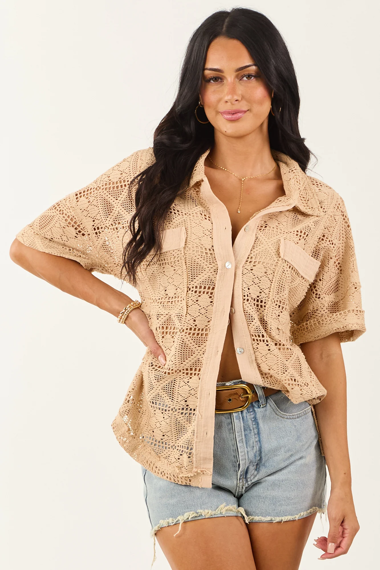 Boho Desert Sand Crochet Short Sleeve Top
