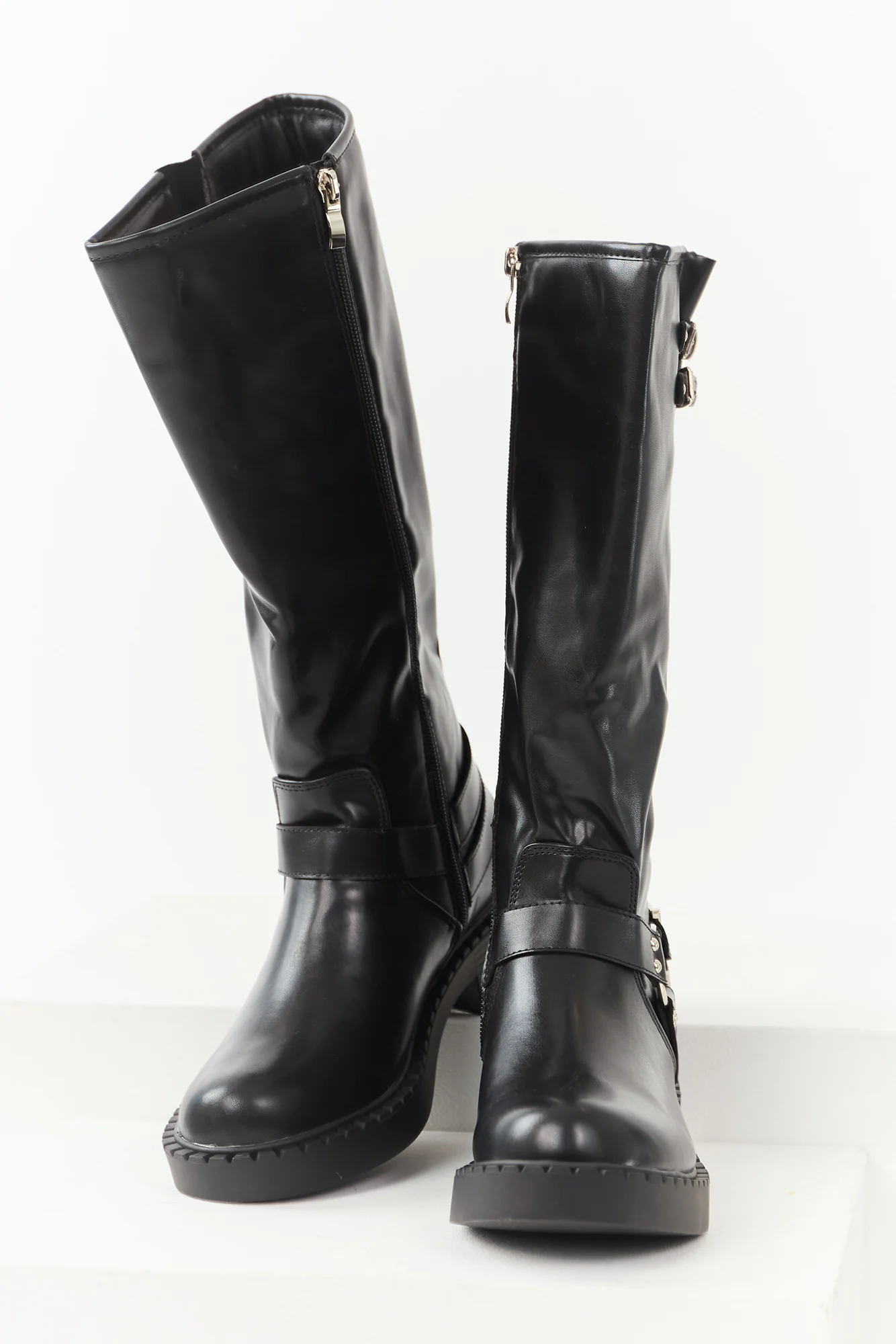 Faux Leather Buckle Detail Tall Boots - Black Womens Fashion Boots
