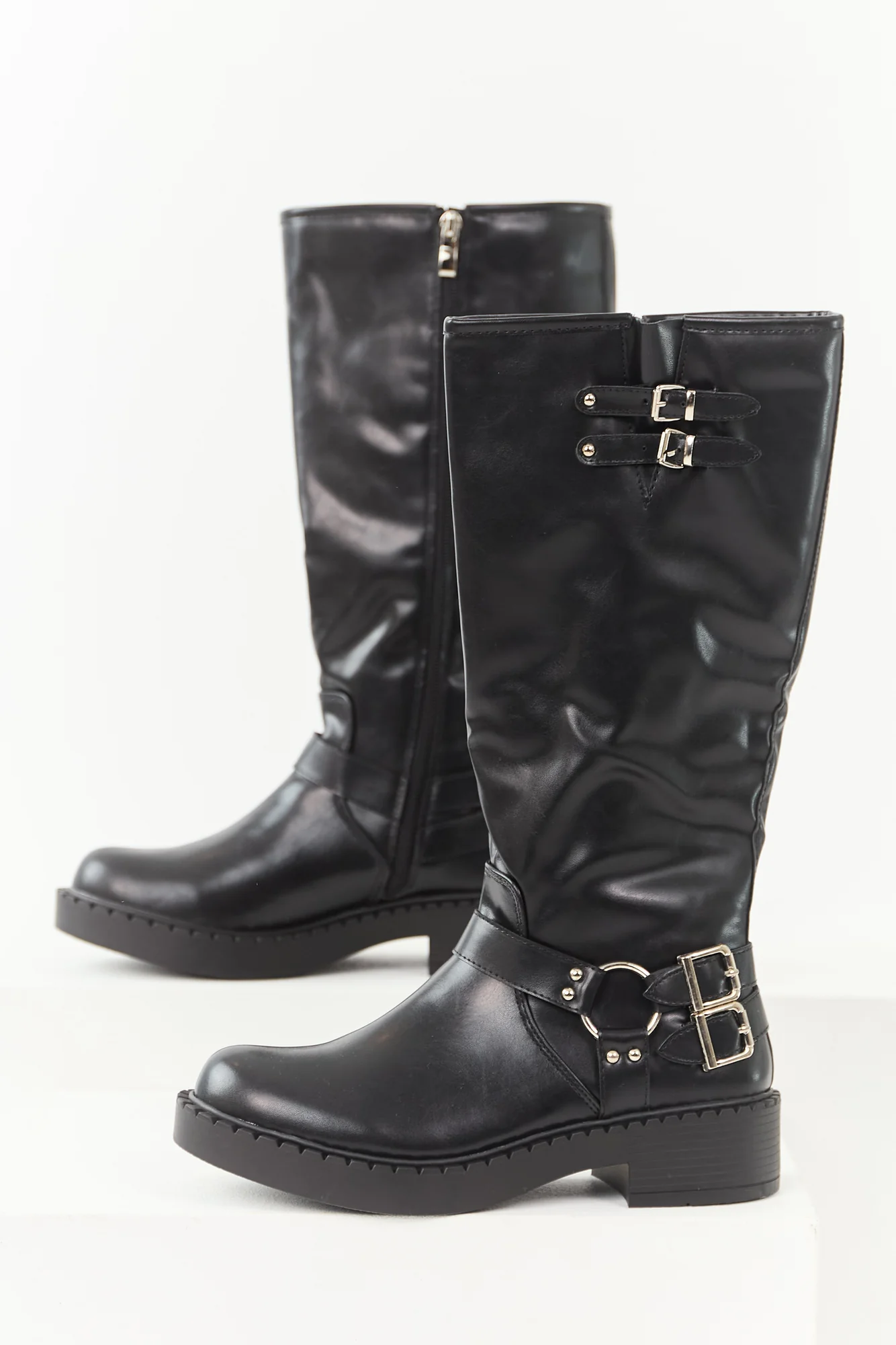 Faux Leather Buckle Detail Tall Boots - Black Womens Fashion Boots