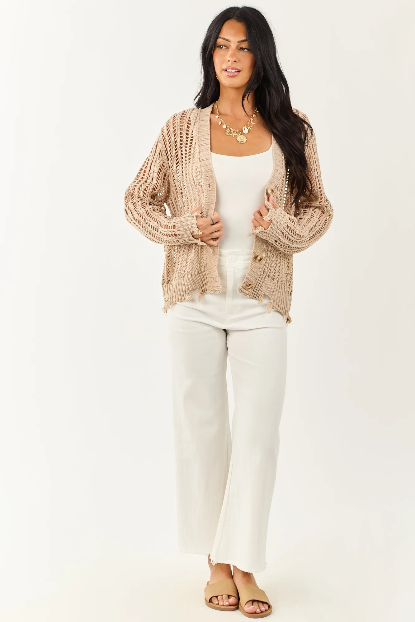 Taupe Button Up Open Knit Cardigan
