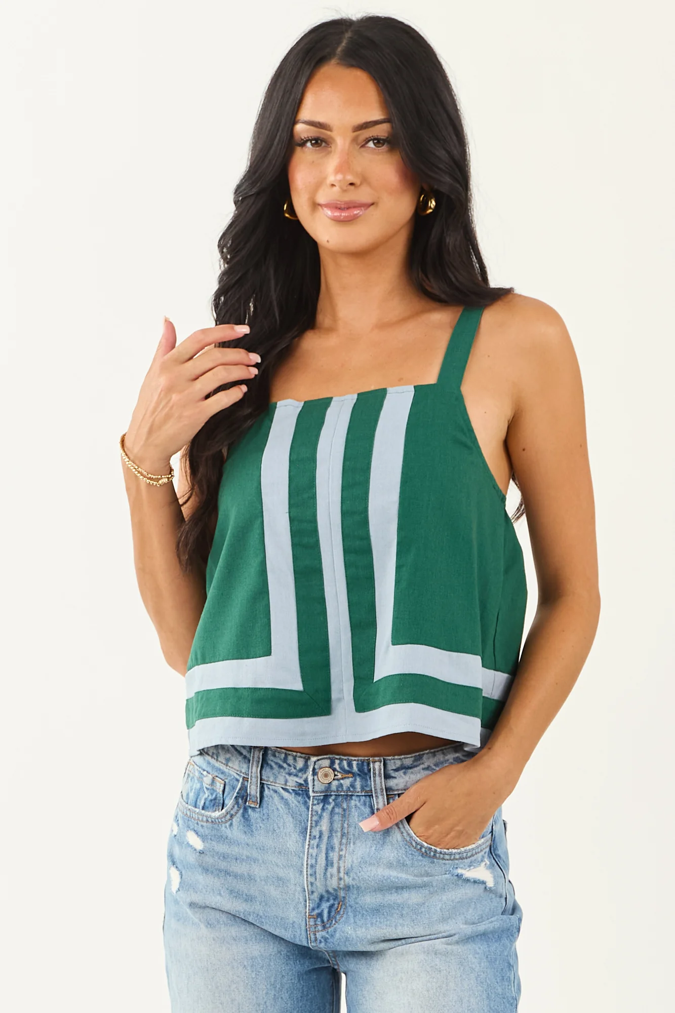 Hunter Green Striped Linen Tank Top